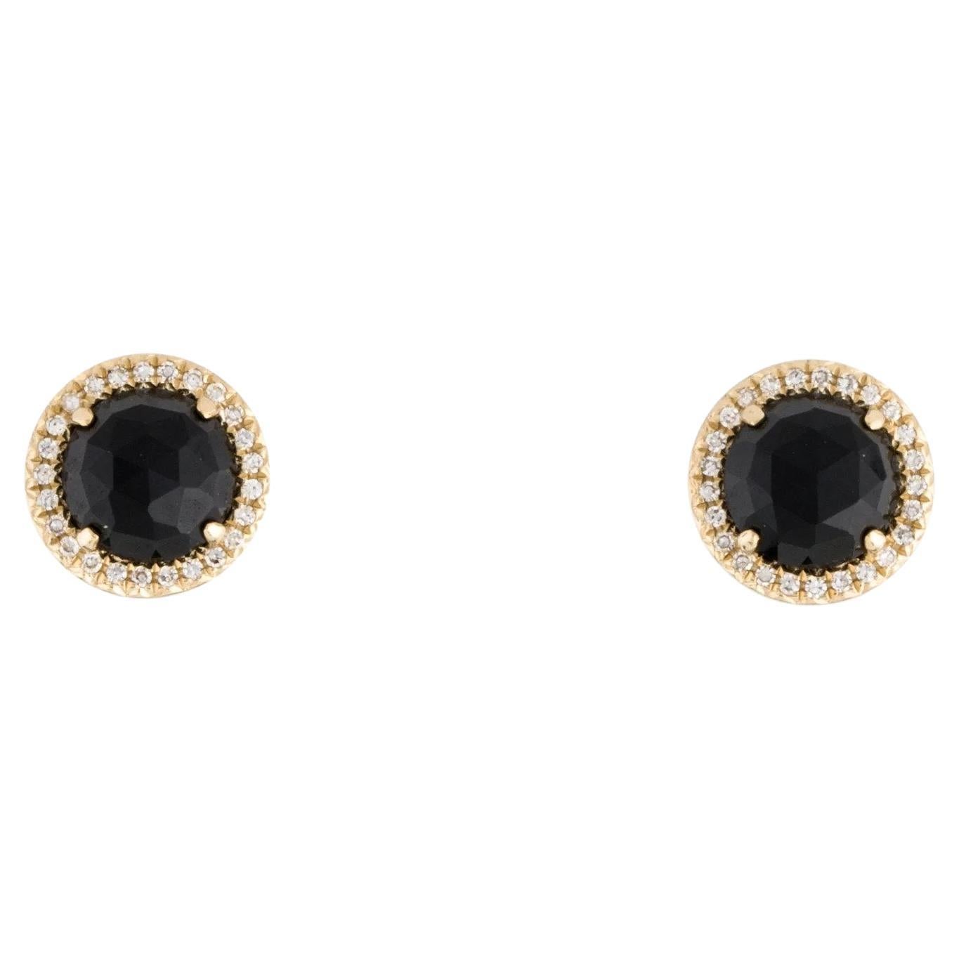 1.89 Carat Round Black Onyx & Diamond Yellow Gold Stud Earrings