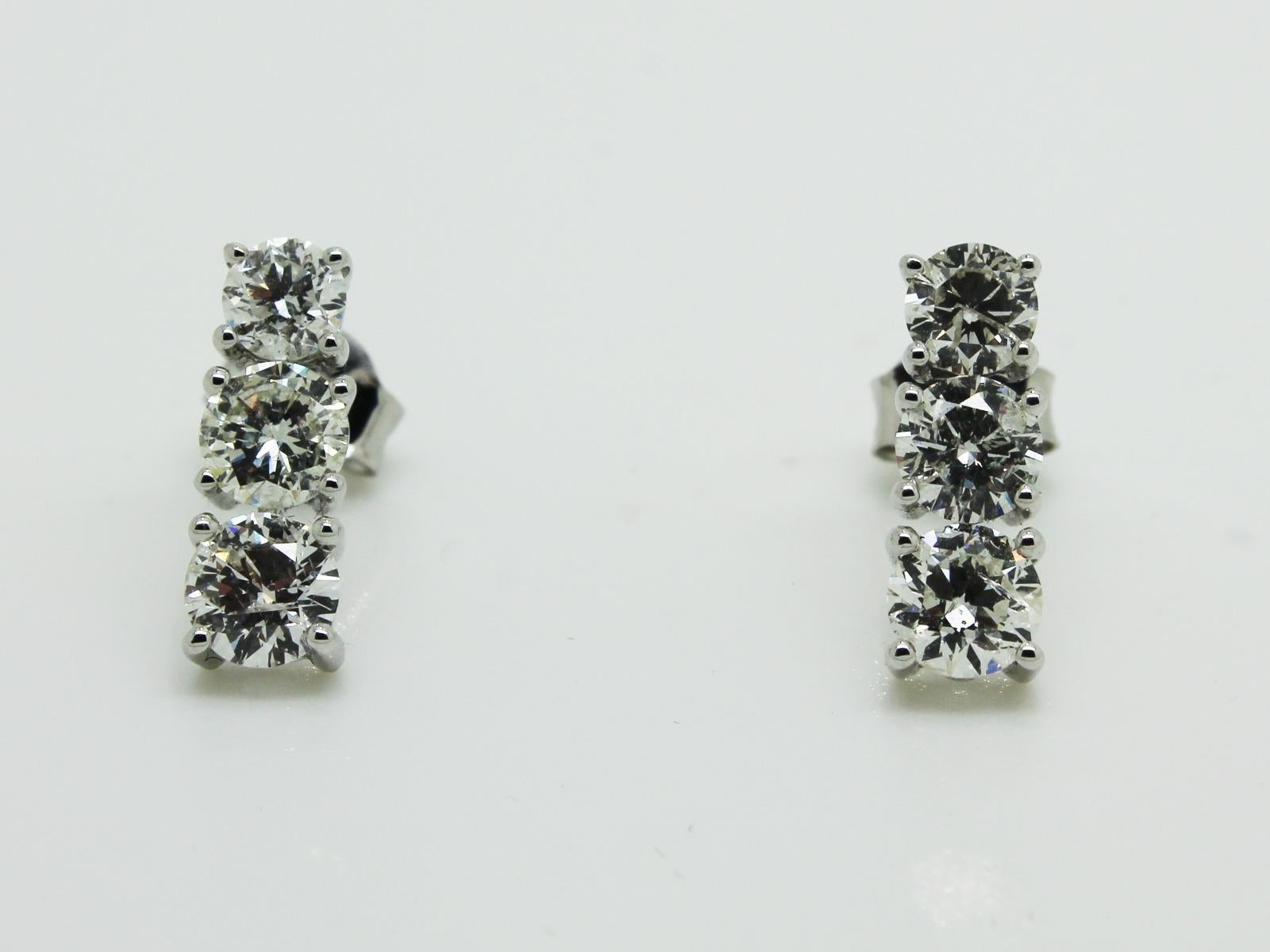 Women's 1.89 Carat Round Diamond Three-Stone Classic Drop 18 Karat White Gold Earrings For Sale