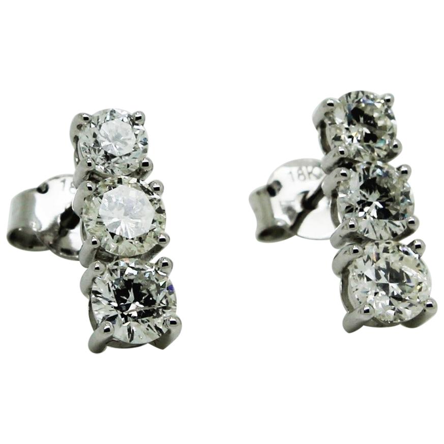 1.89 Carat Round Diamond Three-Stone Classic Drop 18 Karat White Gold Earrings For Sale