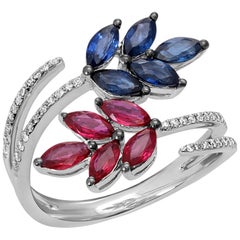 1.89 Carat Sapphire and Ruby 0.25 Carat Diamonds in 18K Gold Leaf Cluster Ring