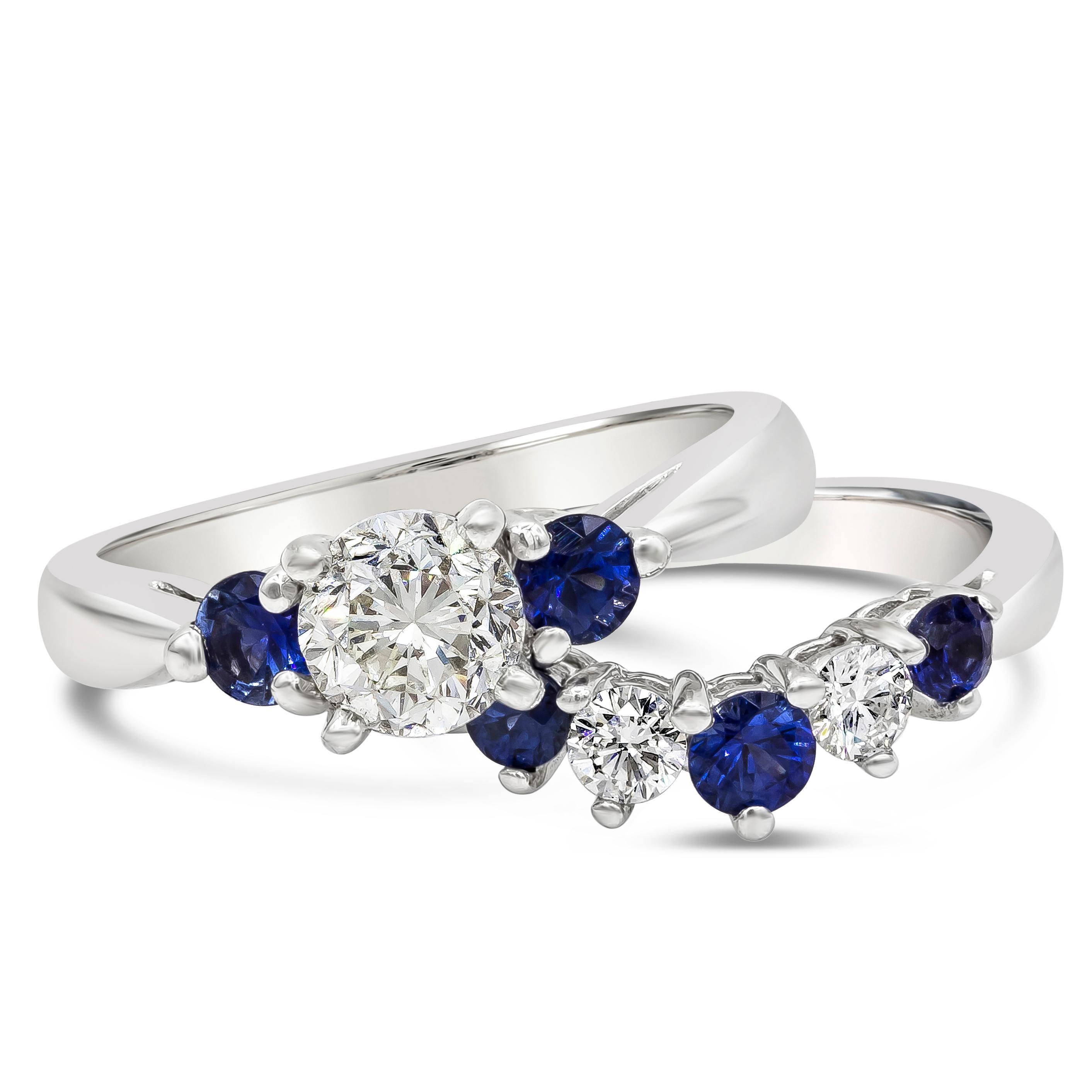 A beautiful and color-rich set of engagement ring and wedding band. The engagement ring features a 1.01 carats round brilliant center diamond certified by EGL as I color and VS2 clarity, flanked by two blue sapphires. The wedding band showcases blue