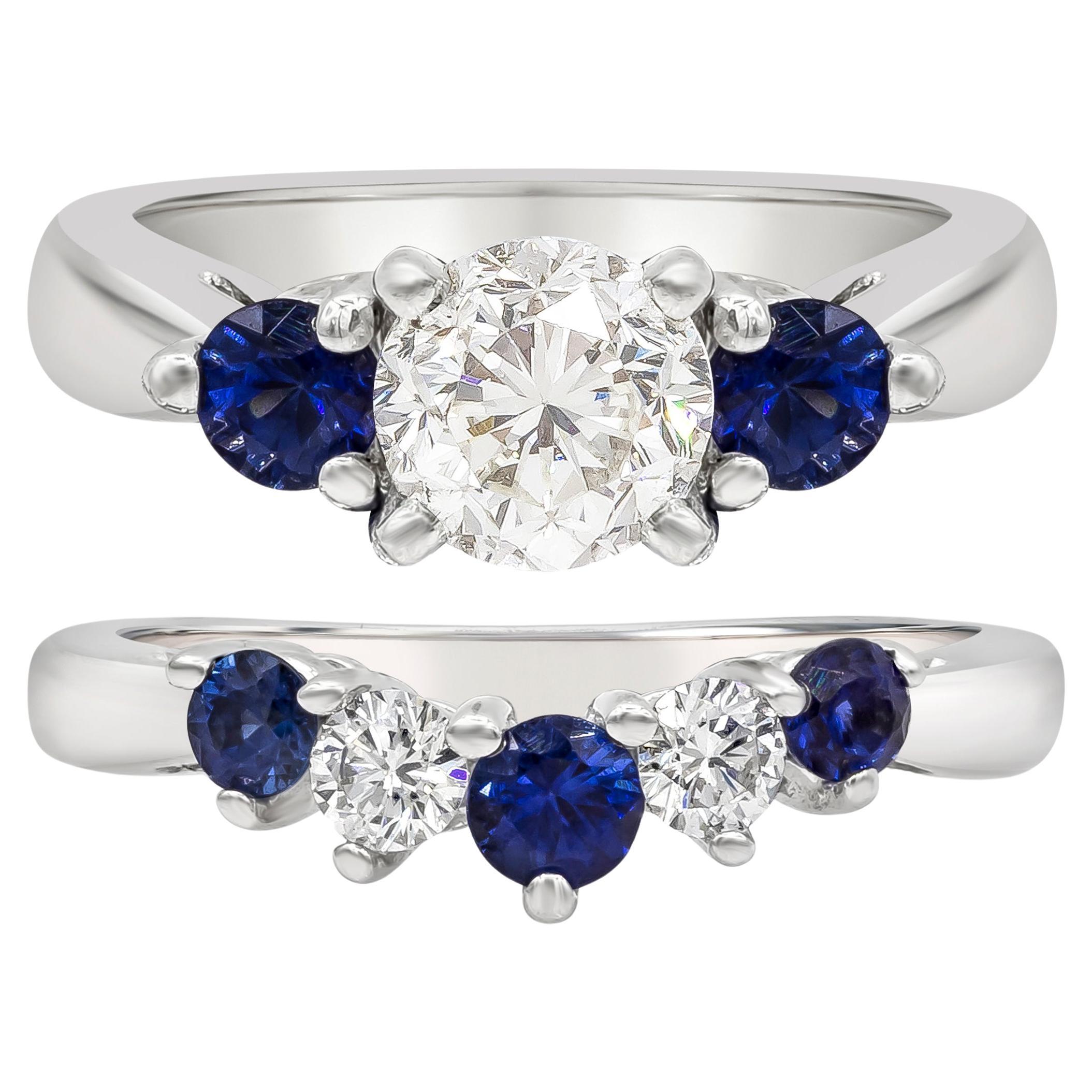 1.89 Carats Total Diamond & Blue Sapphire Engagement Ring & Wedding Band Set