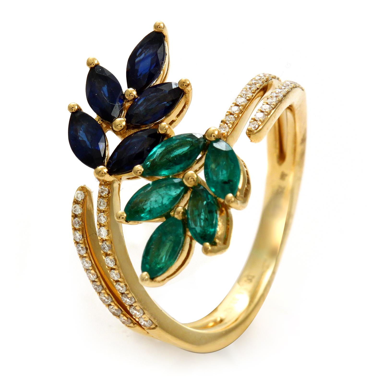 Women's or Men's 1.89 CT Emerald & Sapphire 0.25 CT Diamonds in 18K Yellow Gold Leaf Cluster Ring For Sale