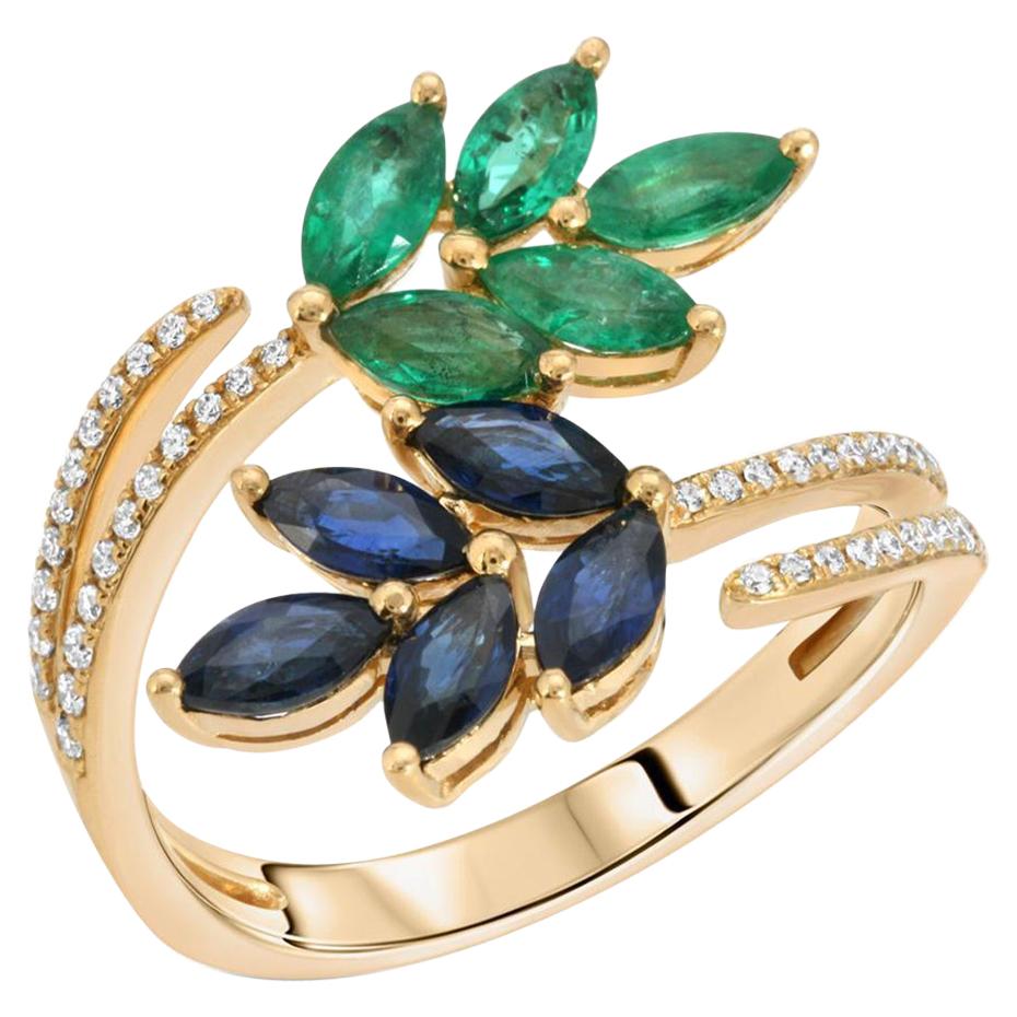 1.89 CT Emerald & Sapphire 0.25 CT Diamonds in 18K Yellow Gold Leaf Cluster Ring For Sale