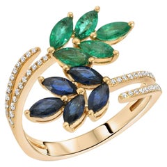 1.89 Karat Smaragd & Saphir 0,25 Karat Diamanten in 18 Karat Gelbgold Blatt-Cluster-Ring mit Smaragd