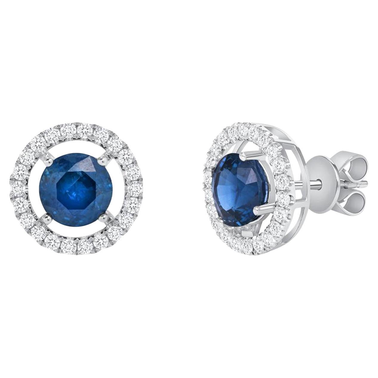 1.89 Ct Natural Blue Sapphire 0.44 Ct Diamonds 14K White Gold Stud Earrings For Sale