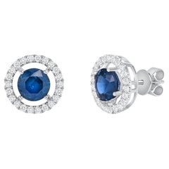1.89 Ct Natural Blue Sapphire 0.44 Ct Diamonds 14K White Gold Stud Earrings