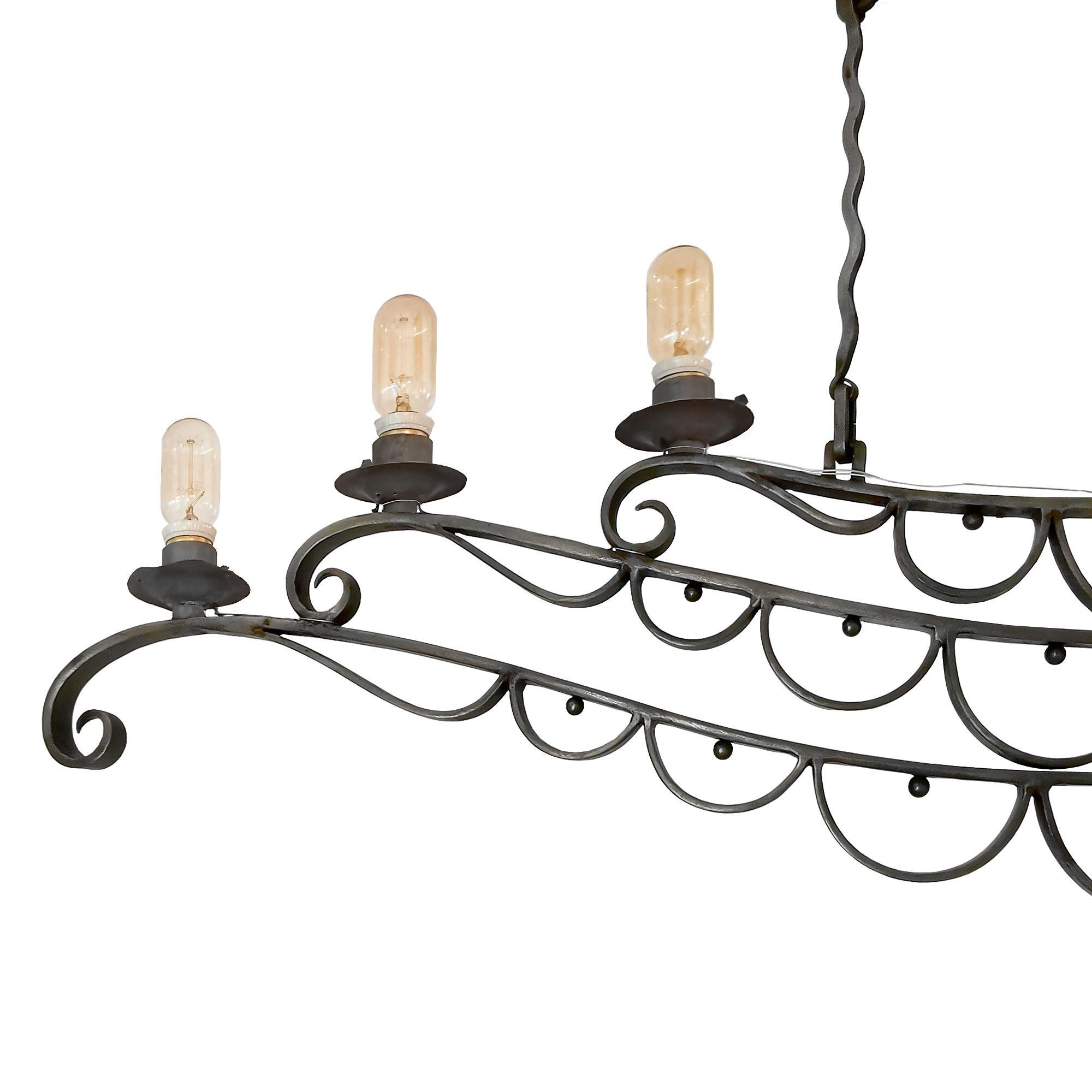 Art Nouveau 1890-1900 Large Ceiling Light in Wrought Iron, Oil Lamp, Electrified, France
