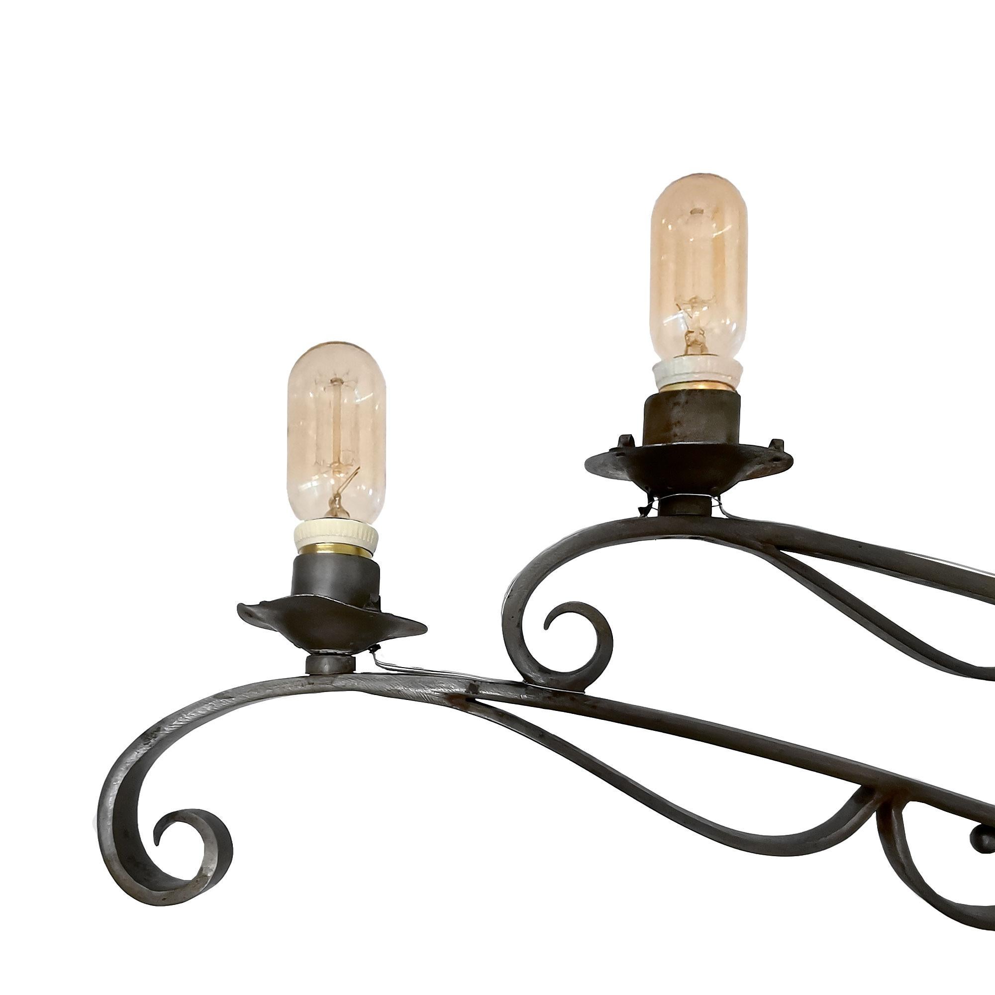 French 1890-1900 Large Ceiling Light in Wrought Iron, Oil Lamp, Electrified, France