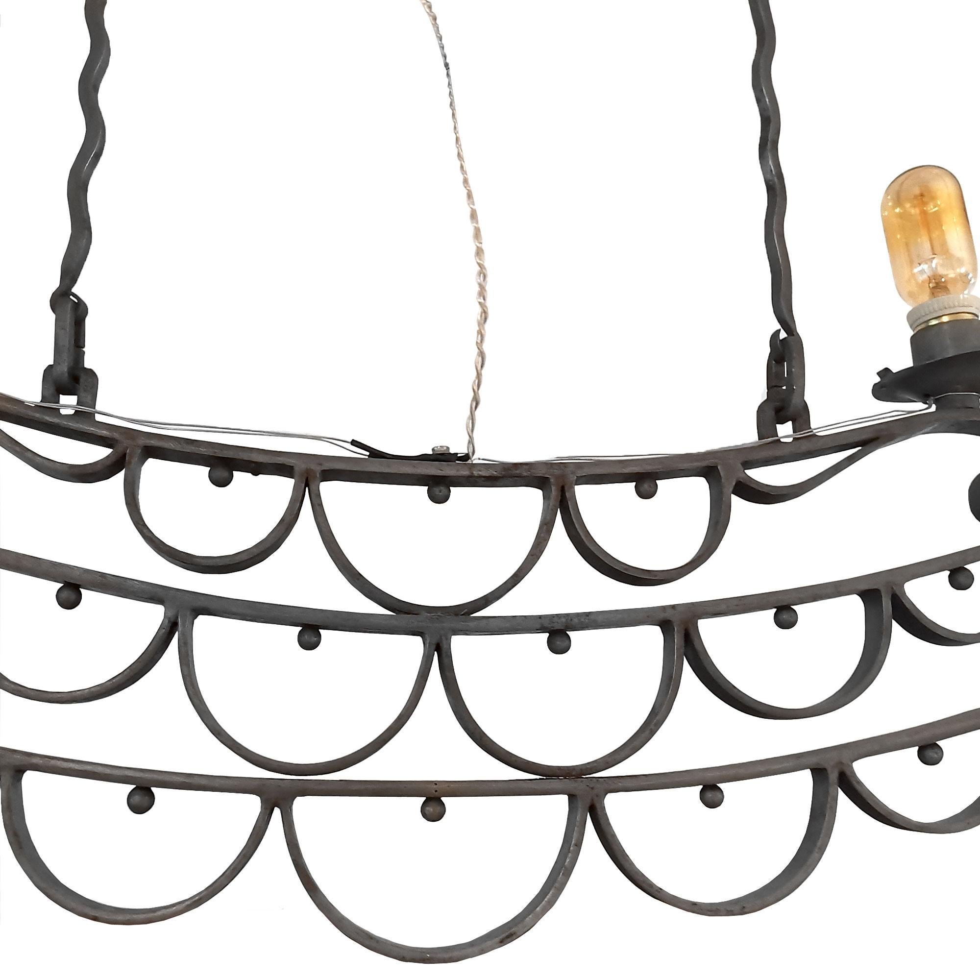 1890-1900 Large Ceiling Light in Wrought Iron, Oil Lamp, Electrified, France In Good Condition In Girona, ES