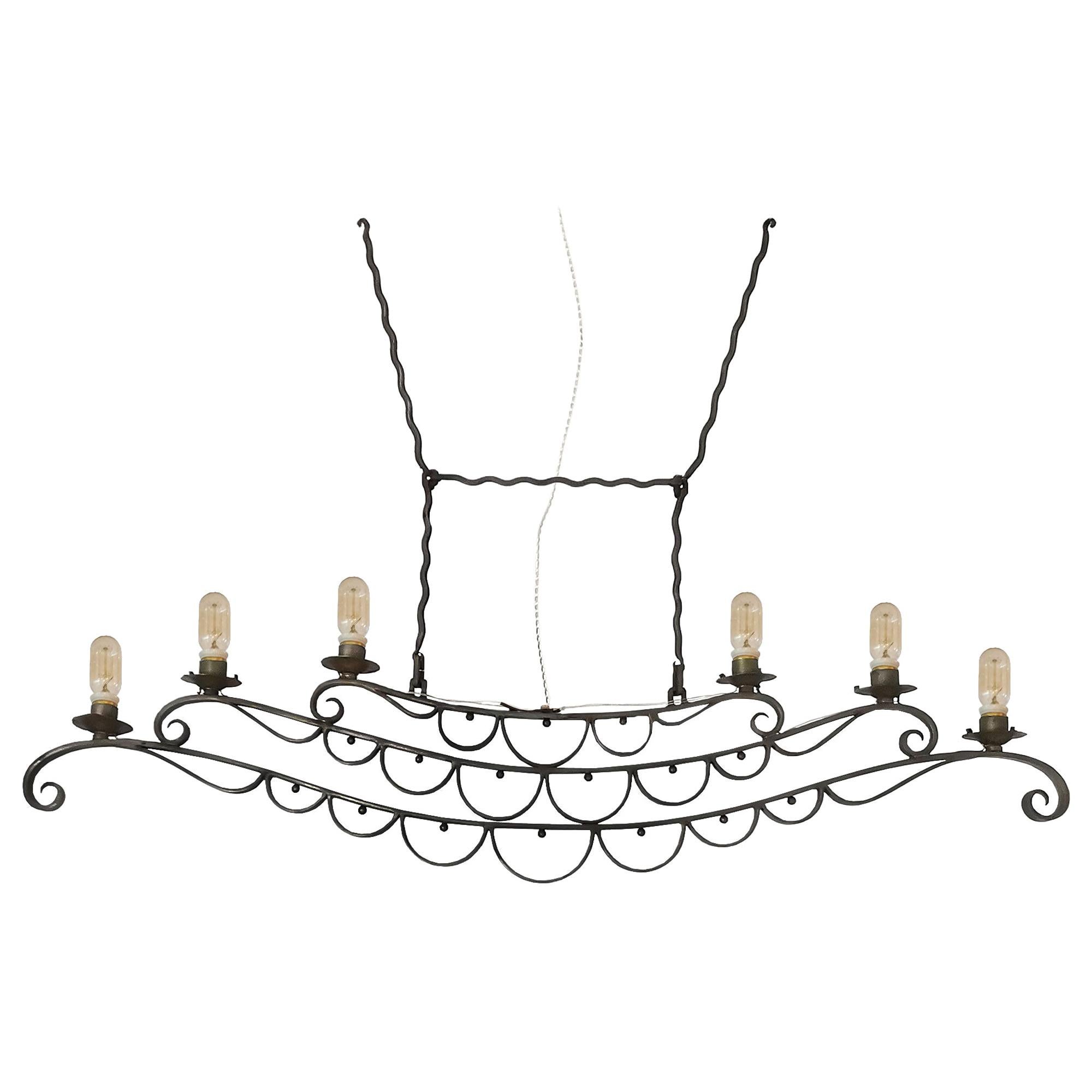 1890-1900 Large Ceiling Light in Wrought Iron, Oil Lamp, Electrified, France