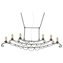 1890-1900 Large Ceiling Light in Wrought Iron, Oil Lamp, Electrified, France