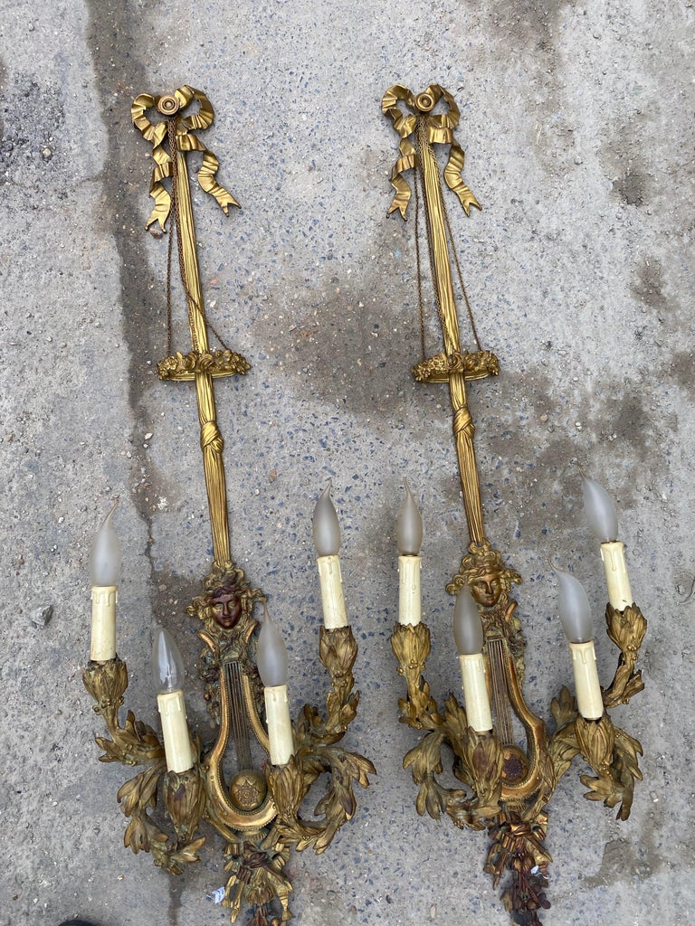 French Pair of Louis XVI Style Gilt- Bronze Four-Lights After Gouthiere, 1890-1900 For Sale