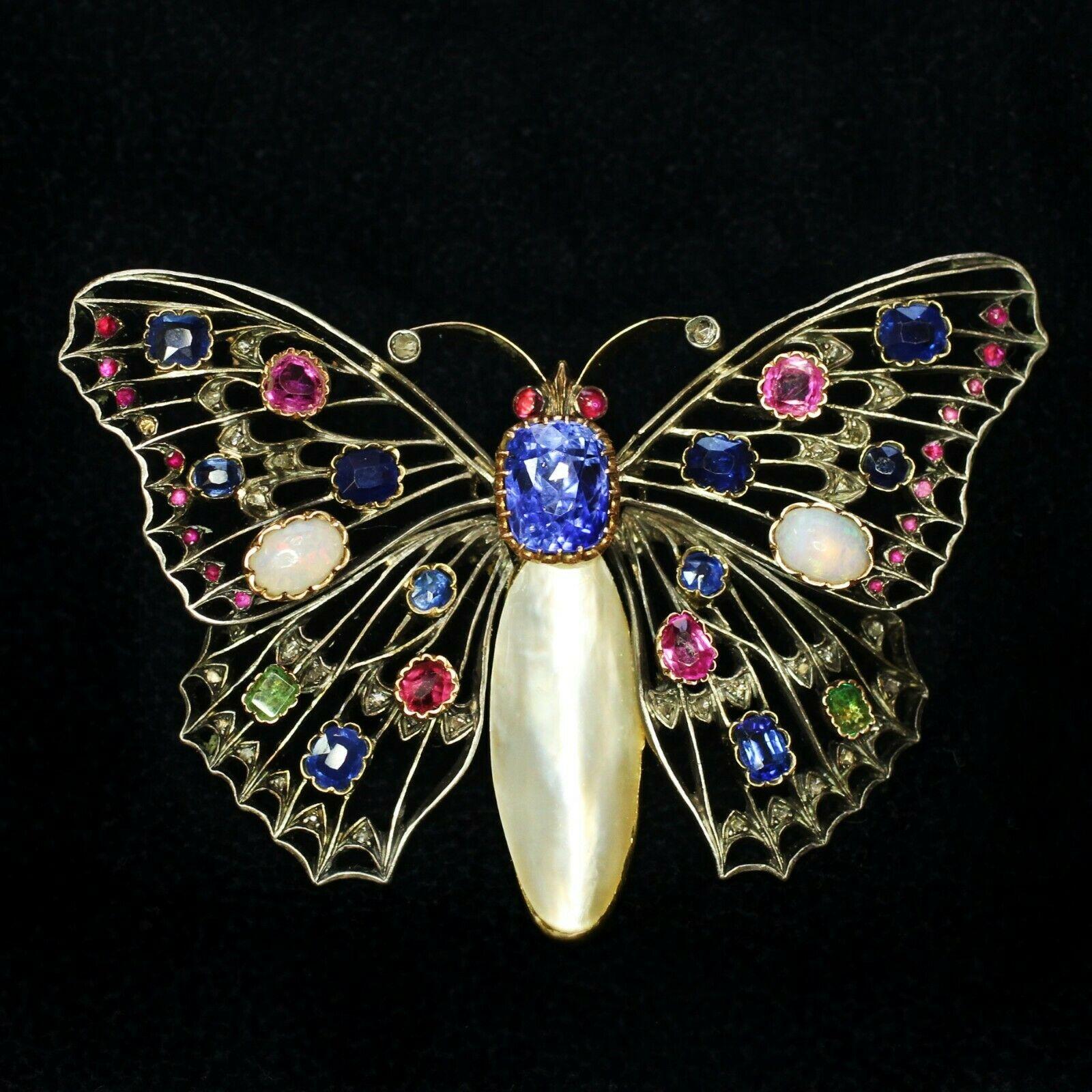 1890s-1910s Era Art Nouvea Vintage Butterfly Pendant Decorated with Multi Stones 1