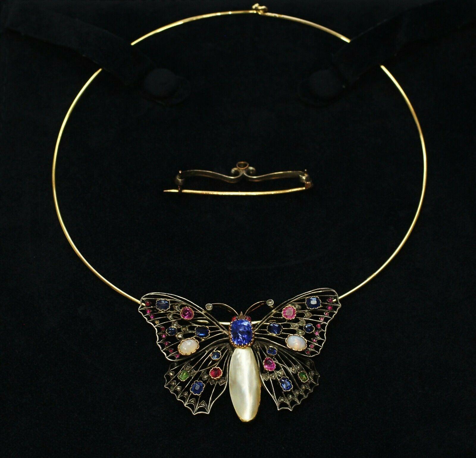 Women's or Men's 1890s-1910s Era Art Nouvea Vintage Butterfly Pendant Decorated with Multi Stones