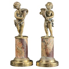 1890-1920 Pair of French Neoclassical Putti Sculptures on Marble Columns - 8.9in
