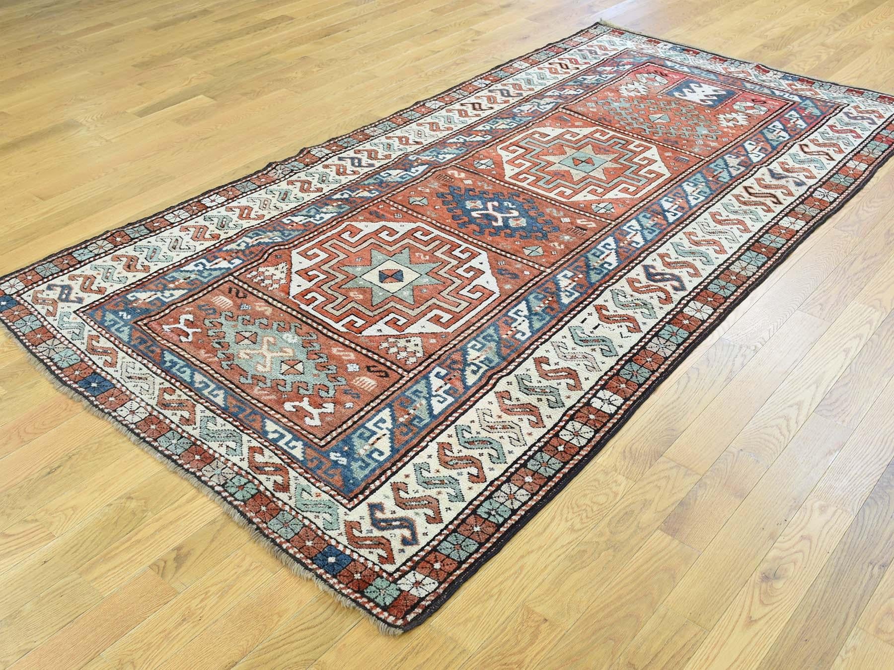 Hand-Knotted 1890 Antique Caucasian Kazak Wide Runner Rug, Clean and Soft Pile