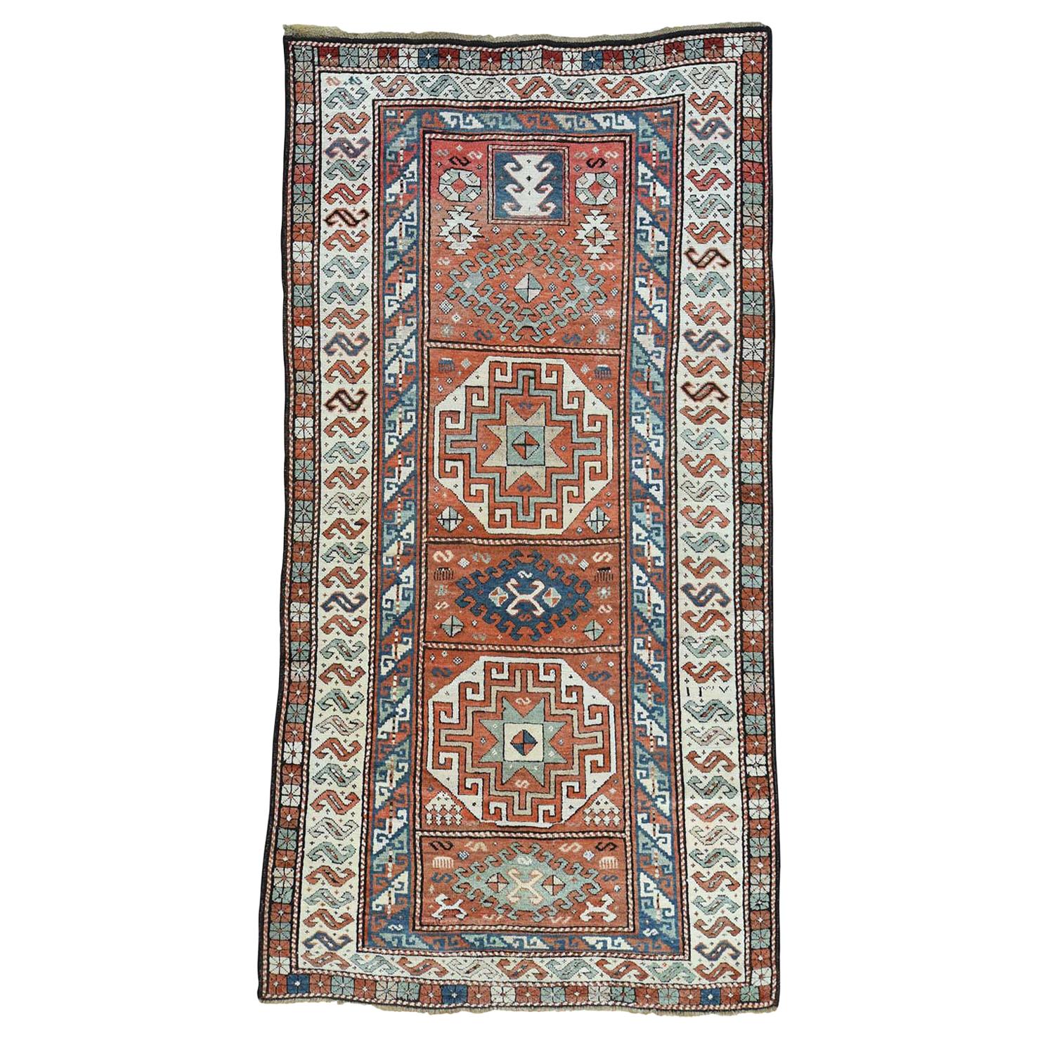 1890 Antique Caucasian Kazak Wide Runner Rug, Clean and Soft Pile