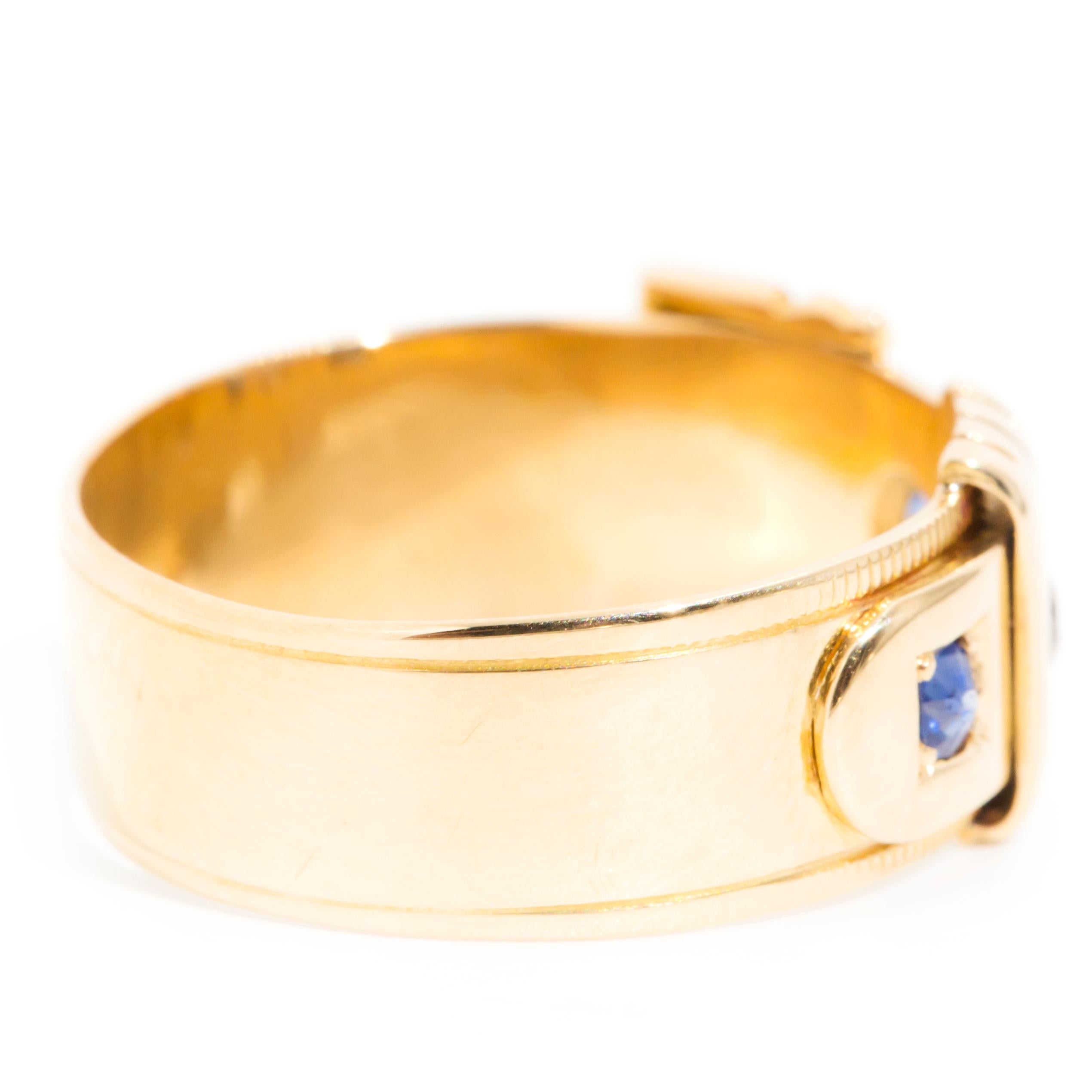 Round Cut 1890 Antique Diamond and Ceylon Sapphire Belt Ring in 18 Carat Yellow Gold