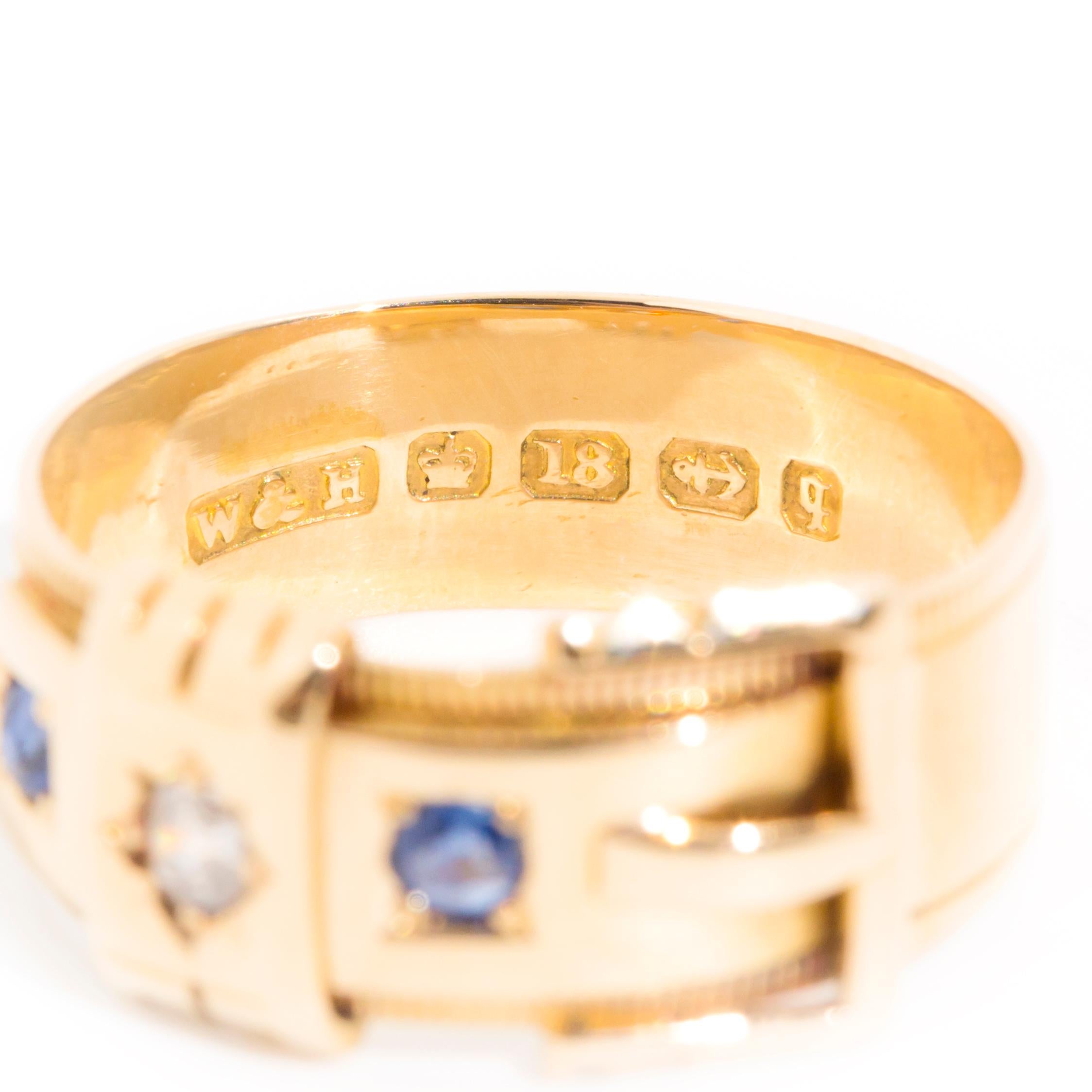 1890 Antique Diamond and Ceylon Sapphire Belt Ring in 18 Carat Yellow Gold In Good Condition In Hamilton, AU