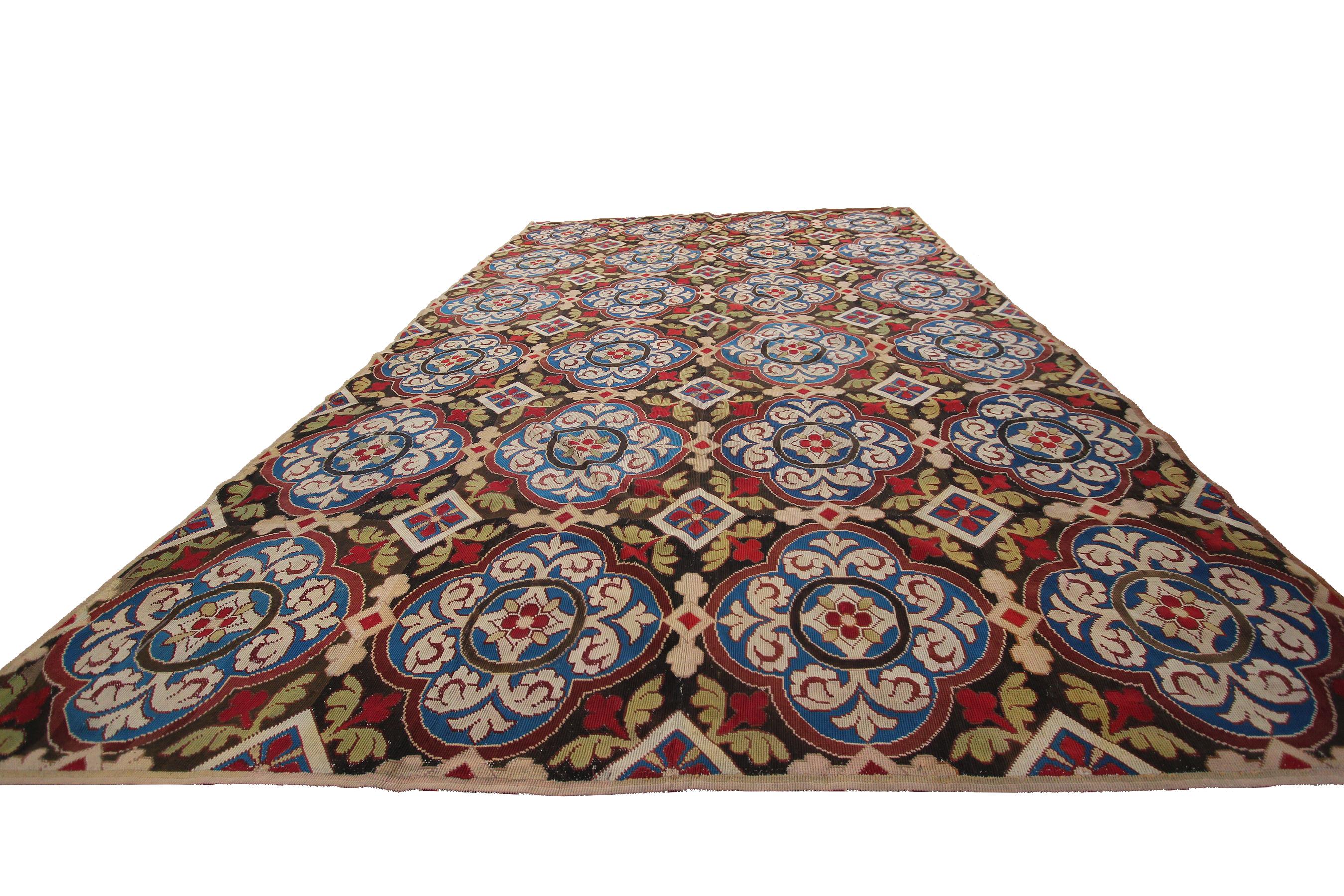 Late 19th Century 1890 Antique English Needlepoint Overall Geometric Rug Tapestry For Sale