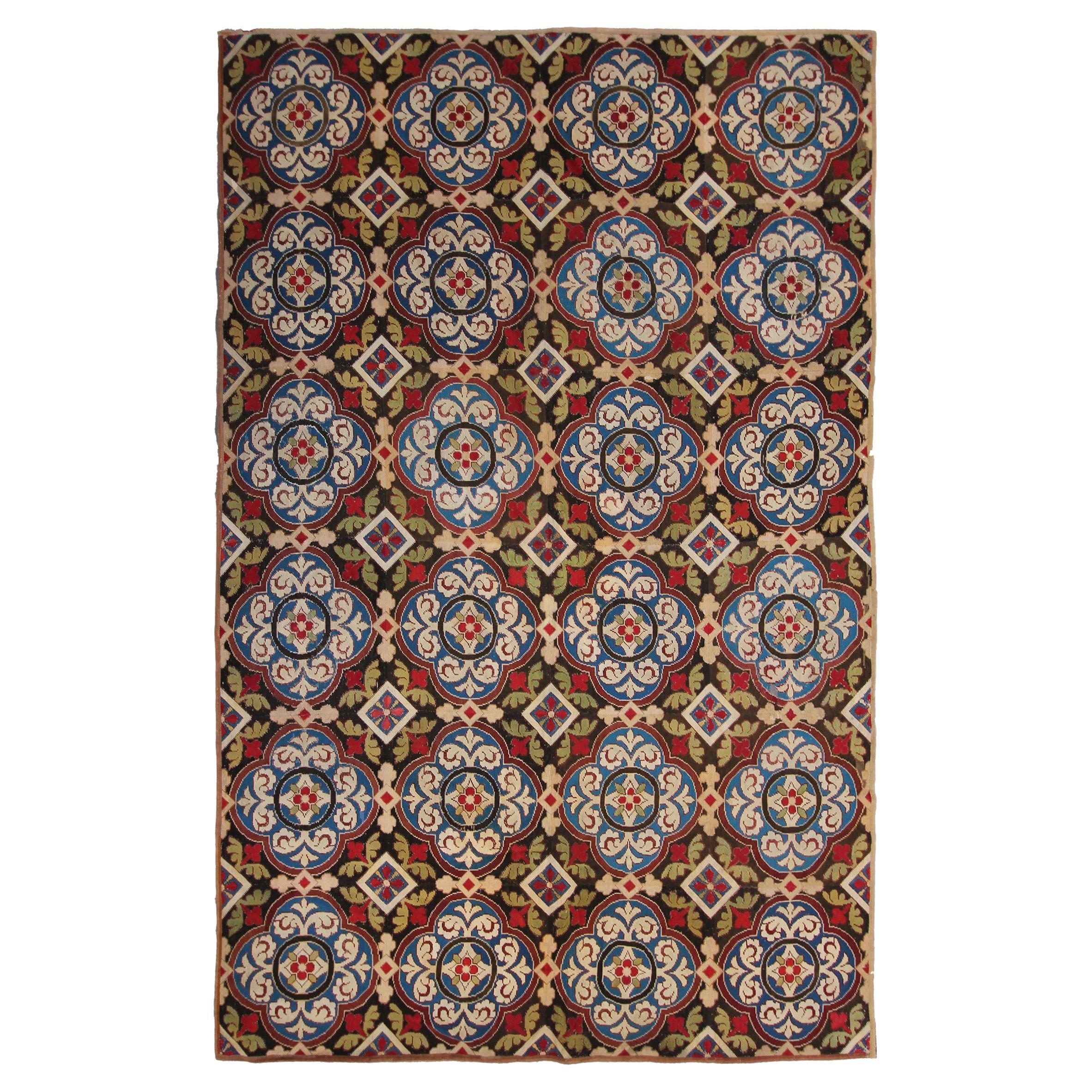 Tapis géométrique anglais ancien à l'aiguille de 1890 Tapisserie 7x10 214x305cm en vente