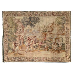 1890 Antique French Tapestry Wool & Silk Verdure Bocha Game Festivities 5x7