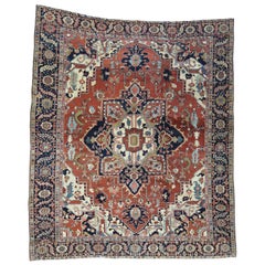 Tapis persan Serapi ancien noué à la main, médaillon rouille/marin, 1890