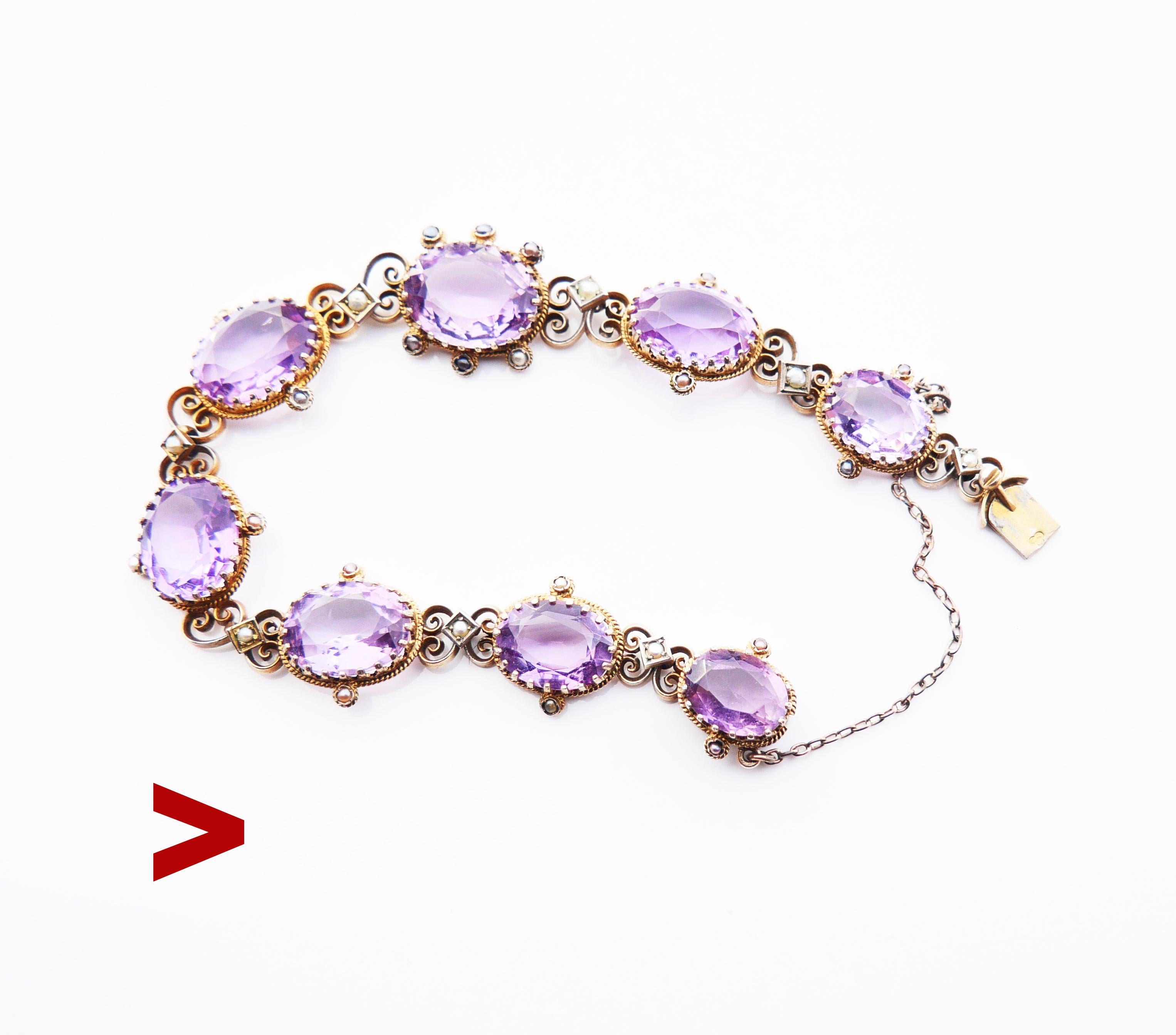 
European bracelet of the finest quality. Ten oval-cut natural Amethyst stones accented with Seed Pearls (some with metallic luster) framed and chained in solid Gold - filled Silver. Neat claw settings. Set of Swedish hallmarks, 830, maker's