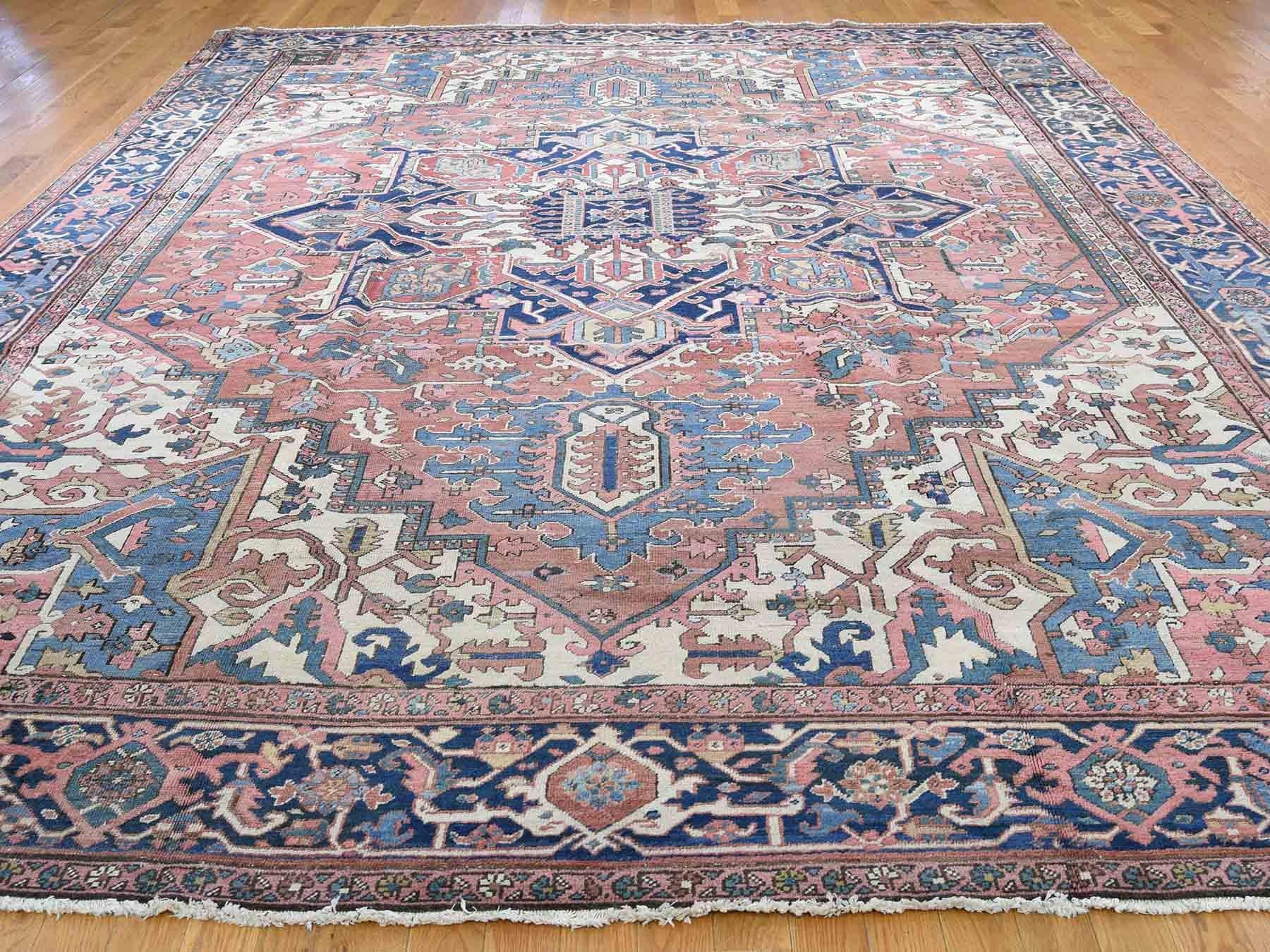 Hand-Knotted 1890 Antique Persian Heriz Serapi Rug, Even Wear