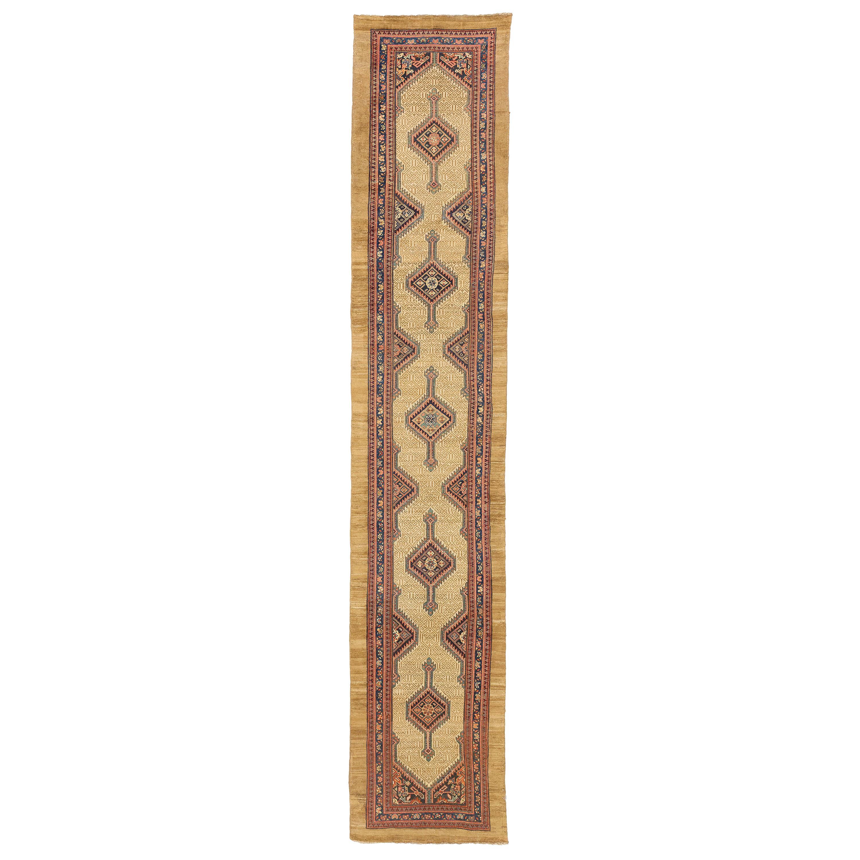 1890 Antique Persian Sarab Runner Rug with Brown and Beige Geometric Details