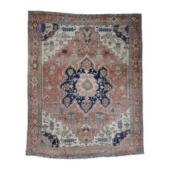1890 Used Persian Serapi Rug Flower Design Rust Navy Worn