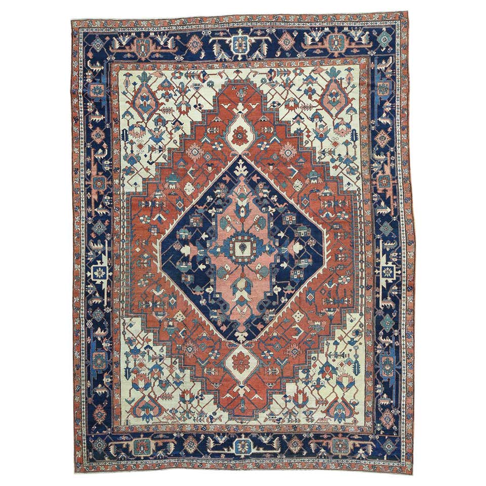 Antique Rust Ivory and Navy Blue Persian Serapi Area Rug, circa 1880 ...