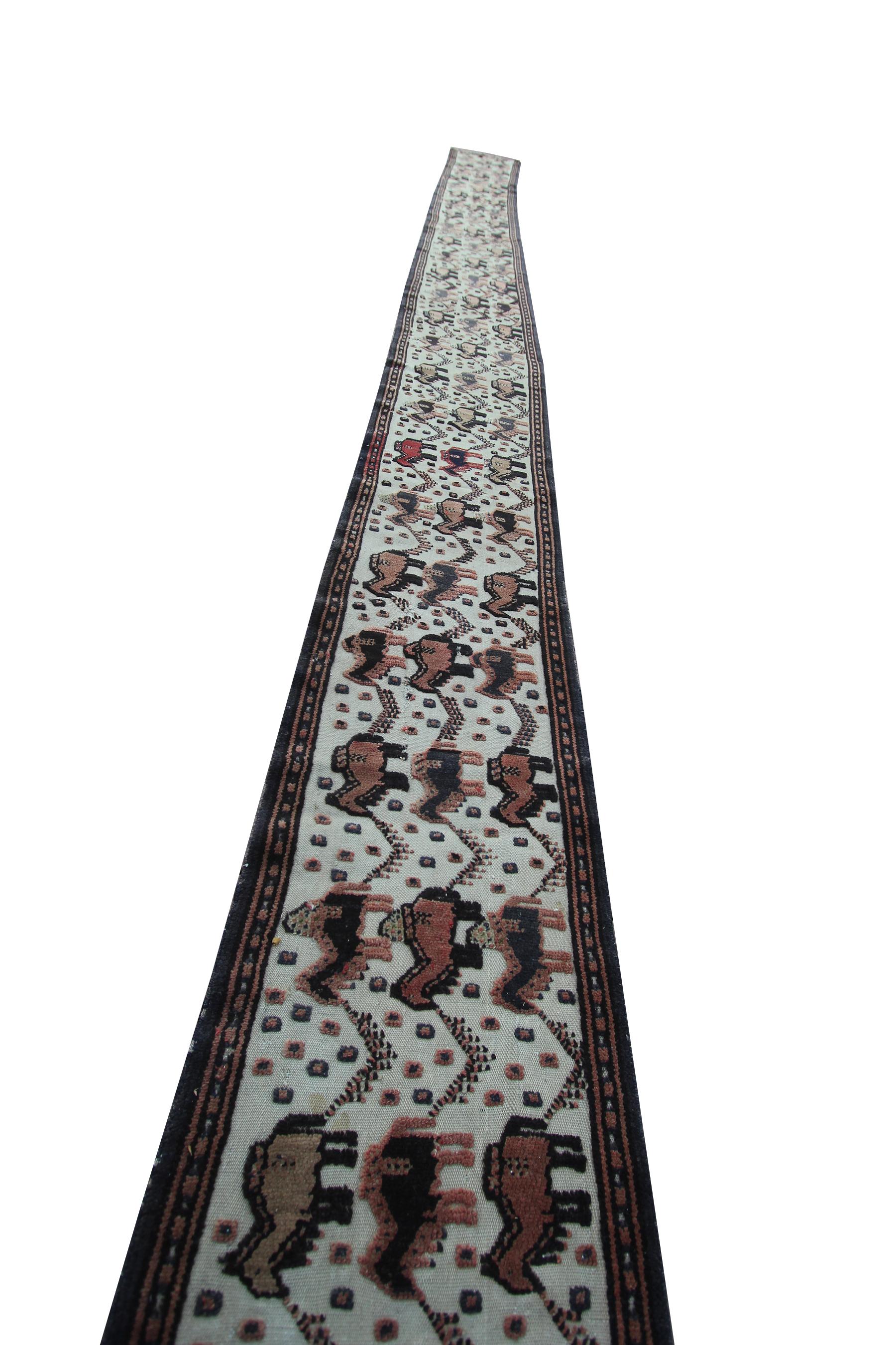 Late 19th Century 1890 Antique Tapestry Handmade Persian Runner Senneh Animal Design For Sale