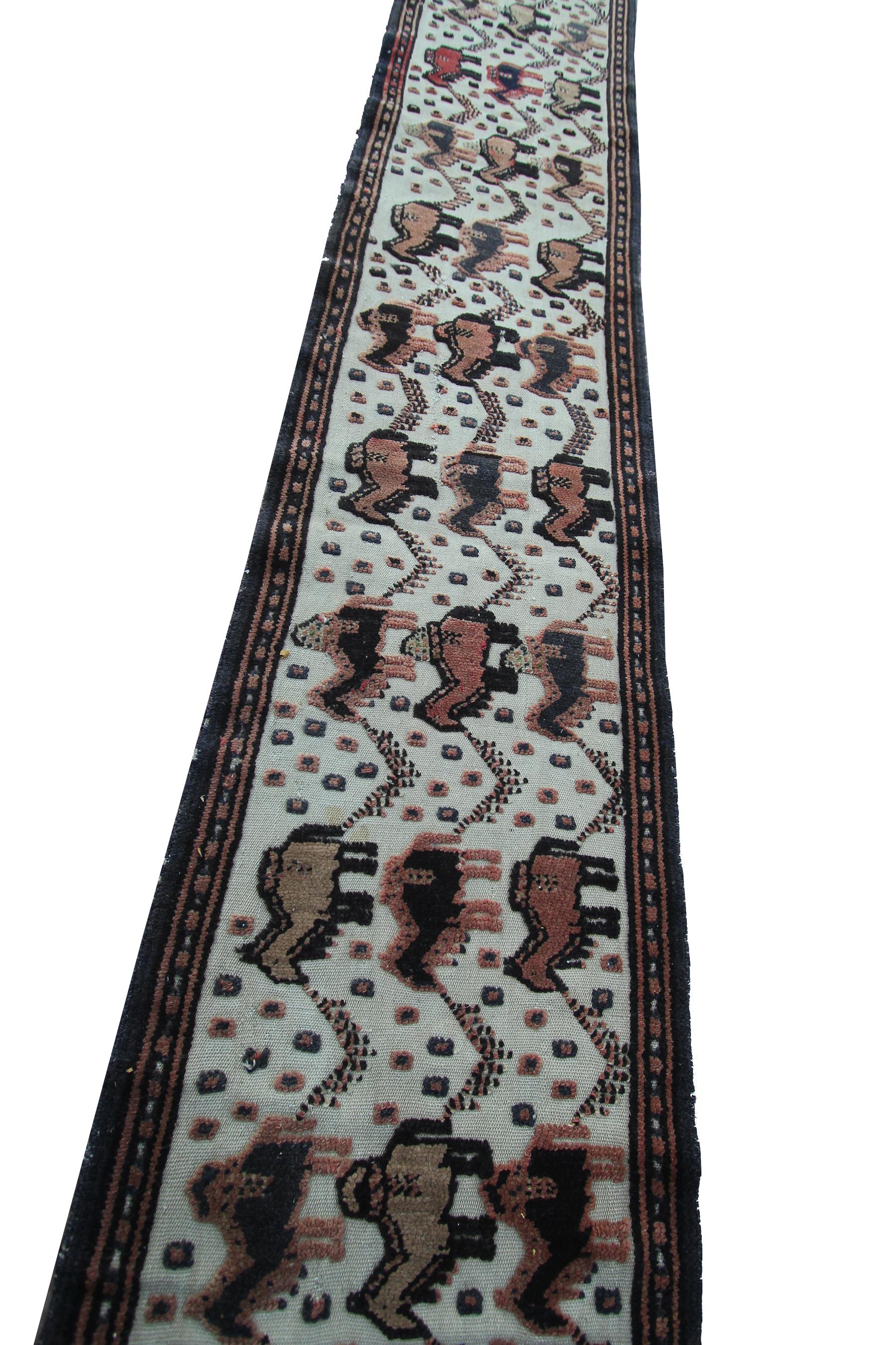 Wool 1890 Antique Tapestry Handmade Persian Runner Senneh Animal Design For Sale