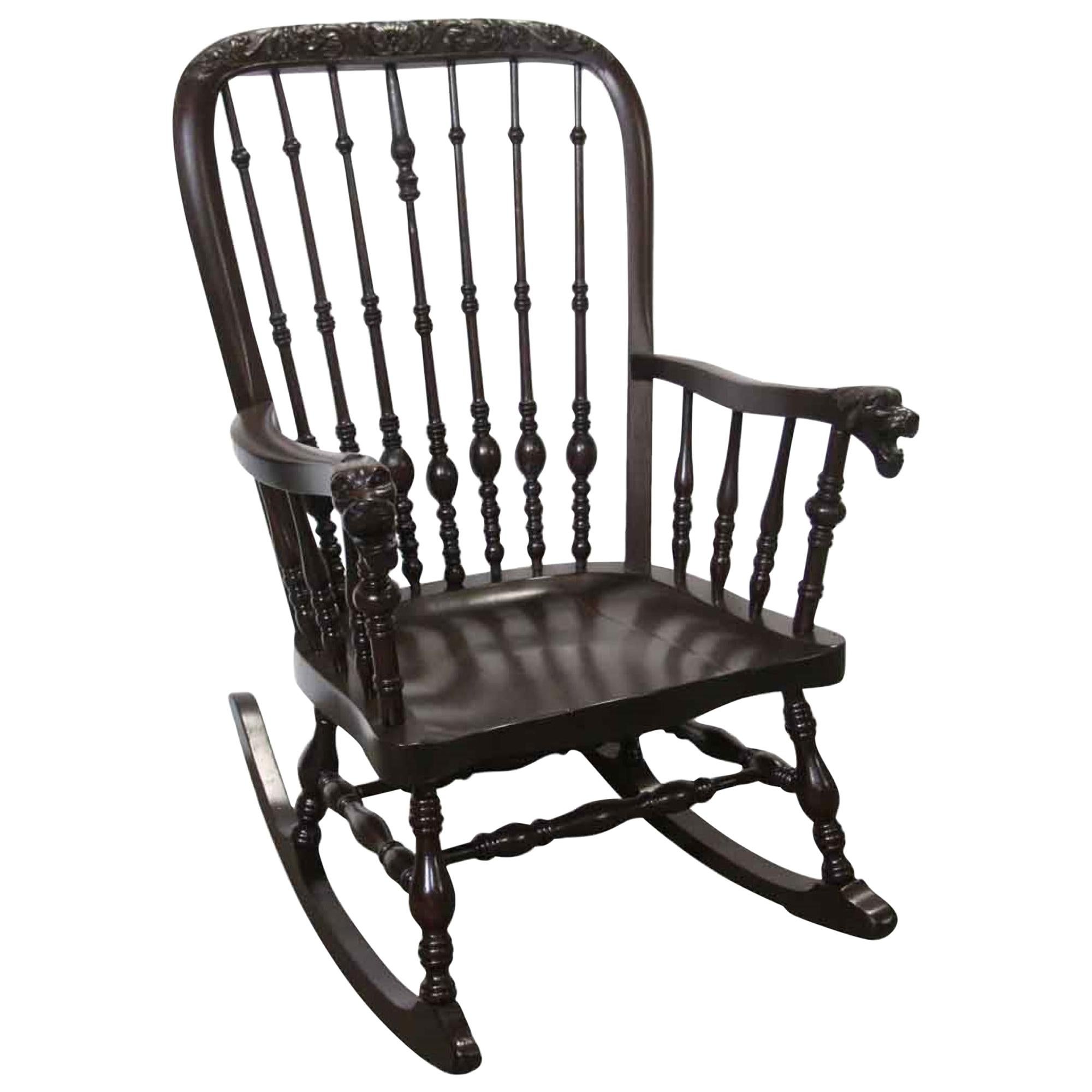 1890 Antique Victorian Carved Oak Rocking Chair with Griffon Arms
