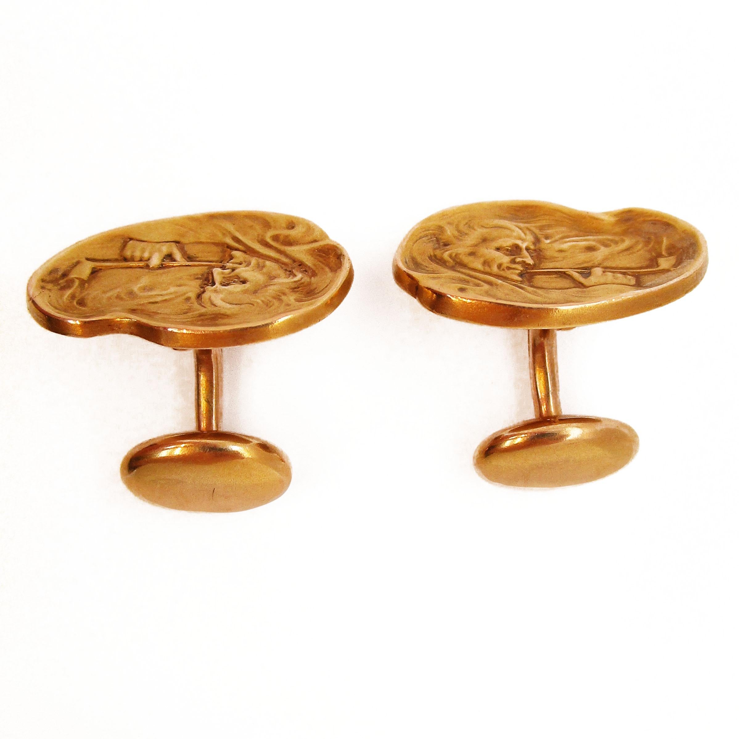 Men's 1890 Art Nouveau 14 Karat Yellow Gold Whiteside and Blank Smoking Man Cufflinks For Sale