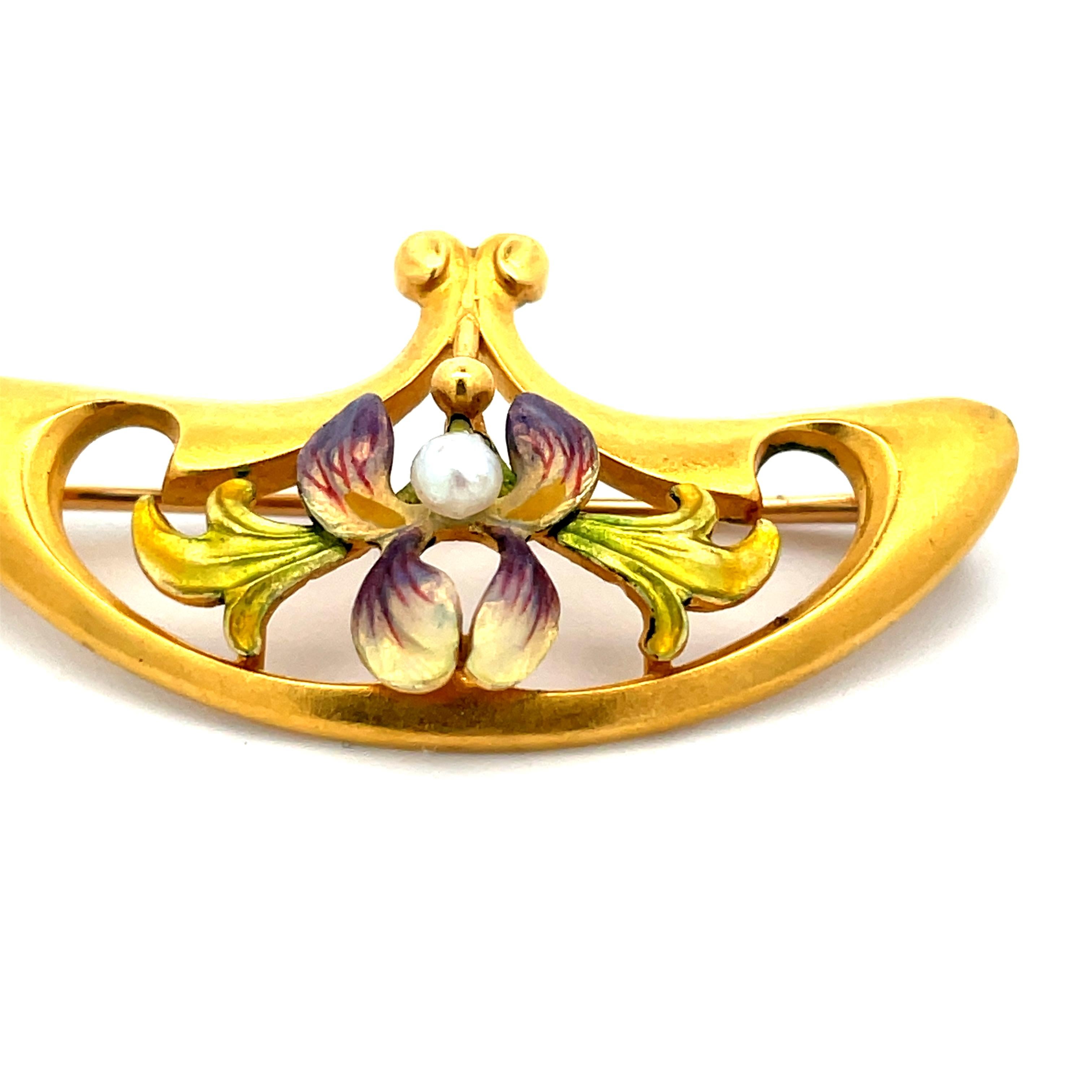 1890 Art Nouveau 14K Yellow Gold Krementz Iris with Pearl Broach  In Excellent Condition For Sale In Lexington, KY