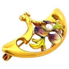 Französischer Jugendstil 14K Gelbgold Krementz Iris mit Perlenbrosche, 1890 