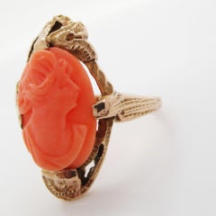 1890 Art Nouveau 14 Karat Yellow Gold Undyed Coral Cameo Ring
