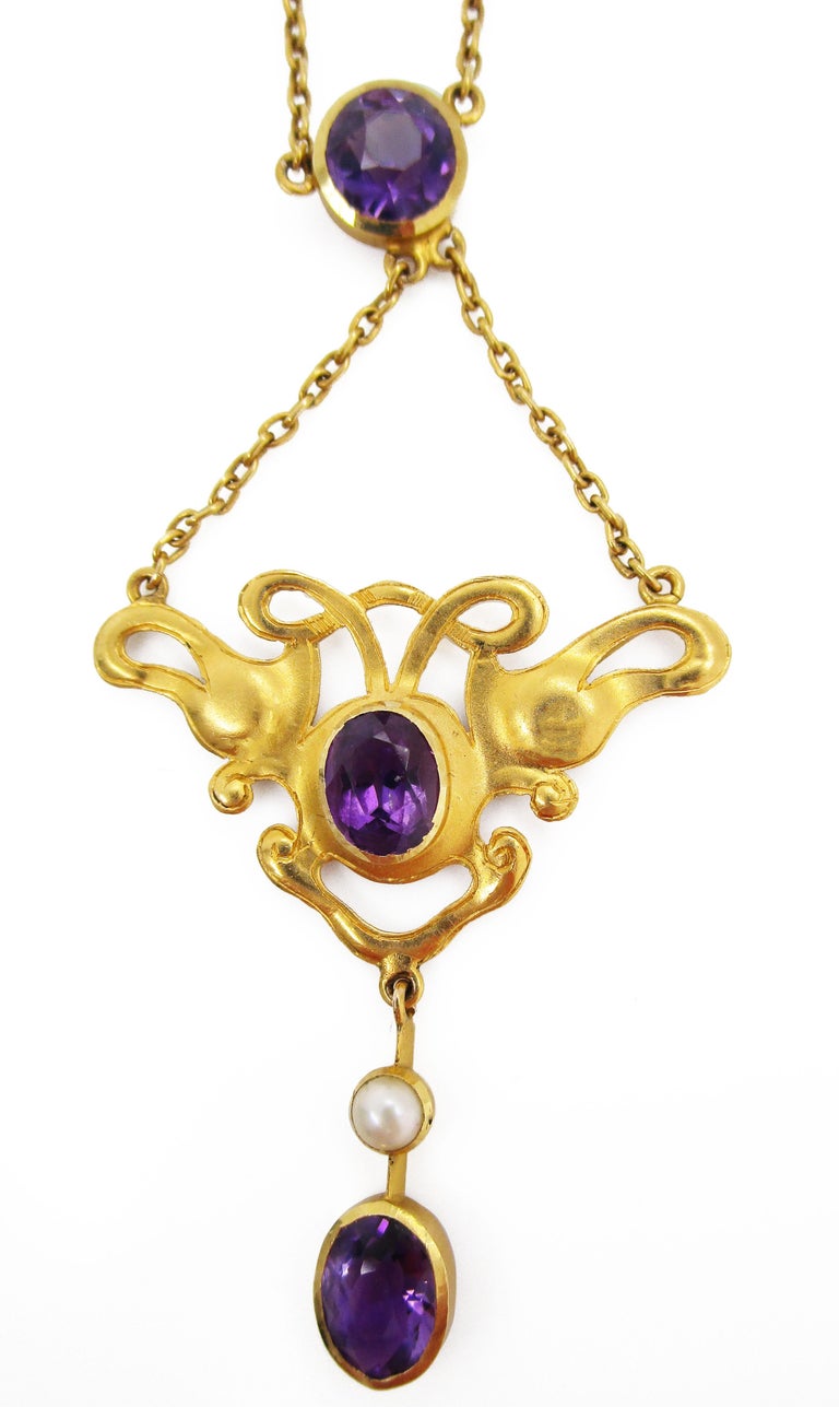 1890 Art Nouveau 18 Karat Yellow Gold Amethyst and Pearl Liberty Style ...