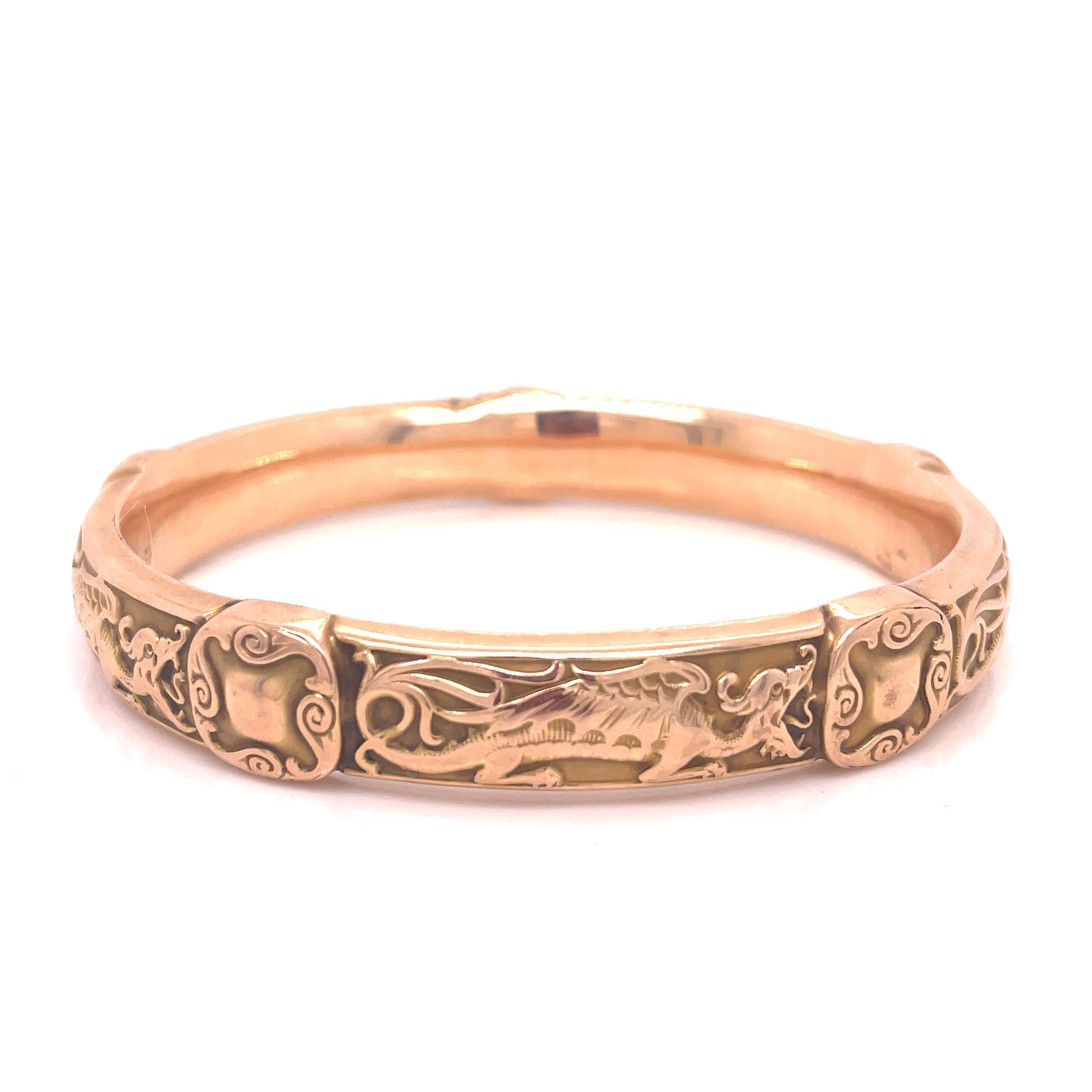 1890, Riker Brothers Art Nouveau Dragon Rose Gold slip on Bangle In Good Condition In Lexington, KY