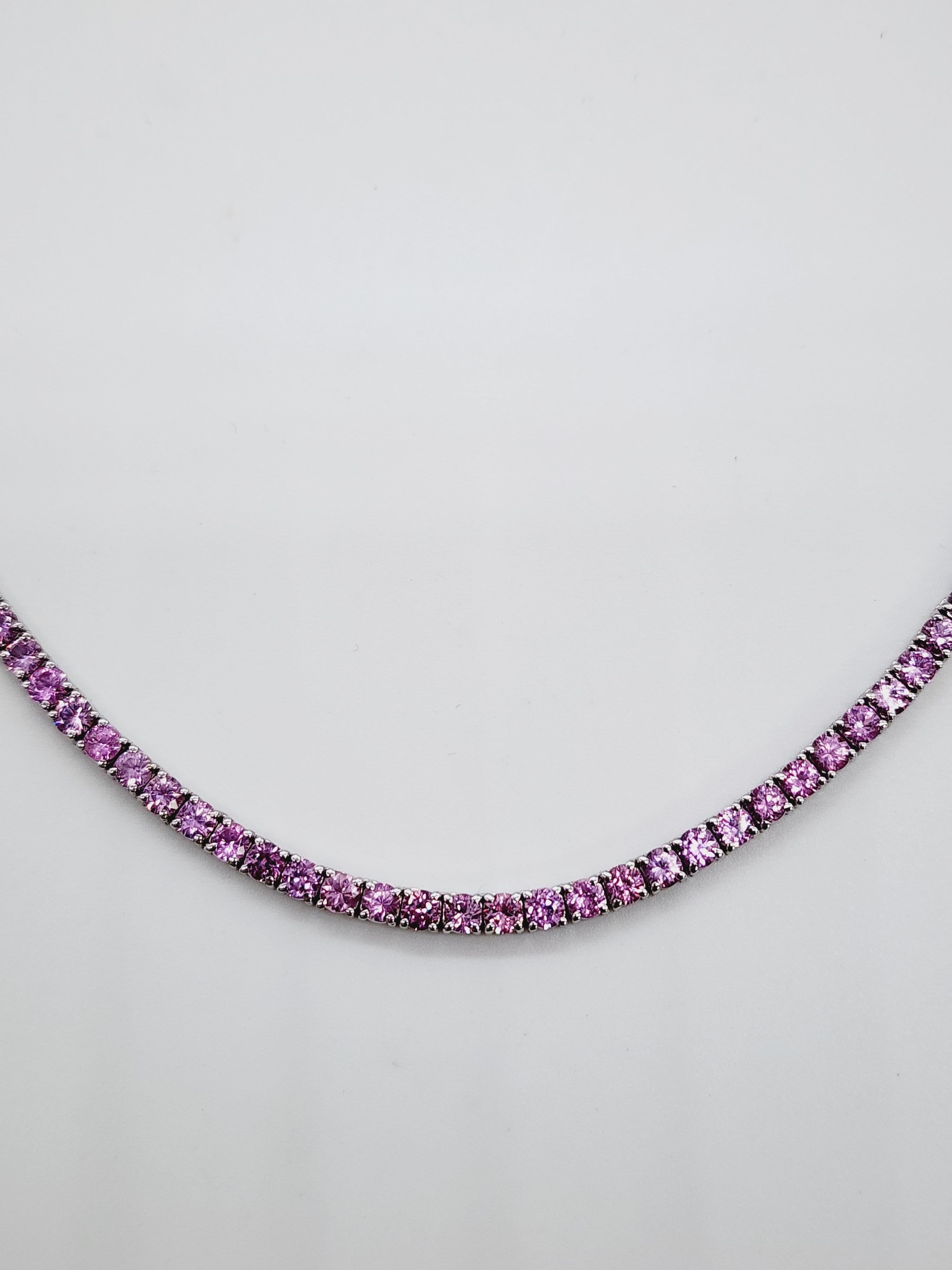18.90 Carats Pink Sapphire Tennis Necklace 14 Karat White Gold 18'' In New Condition For Sale In Great Neck, NY