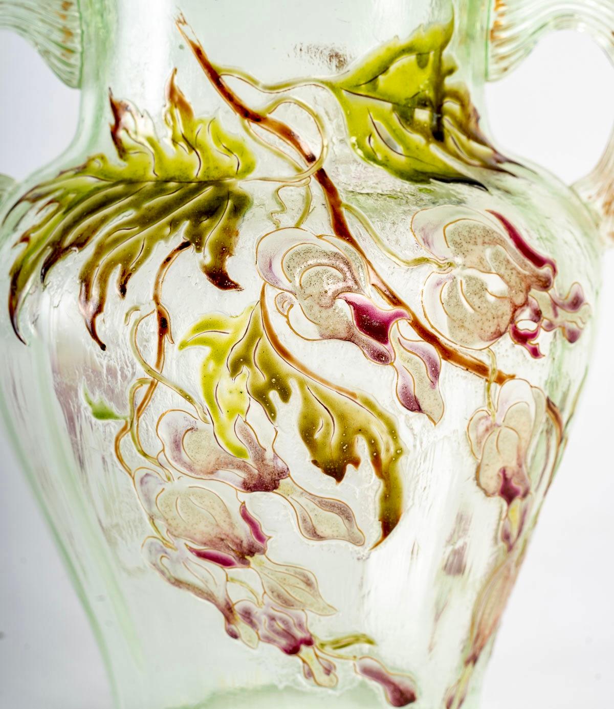 Art Nouveau 1890 Emile Gallé - Vase Cristallerie Handles Light Green Glass Enameled Flowers