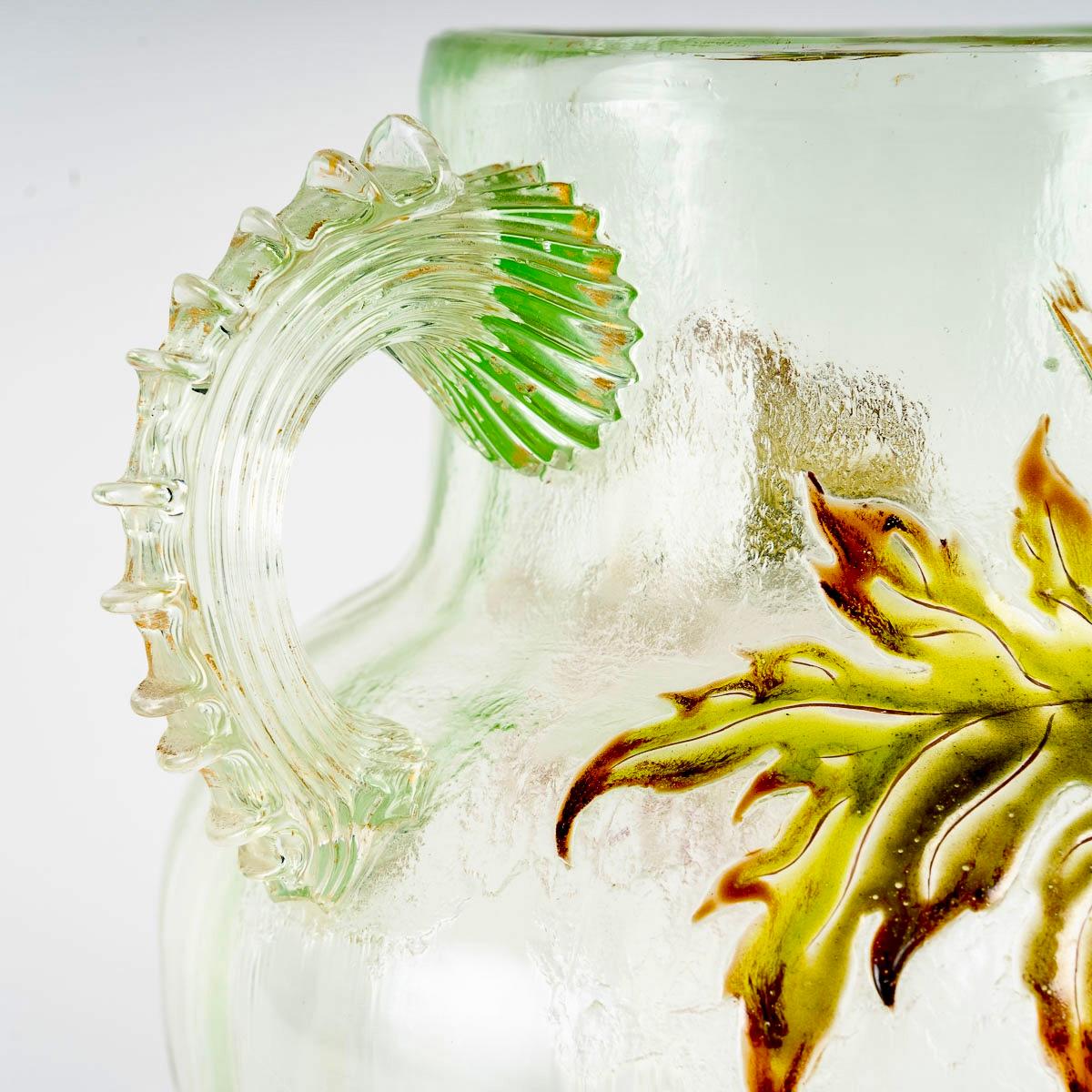 French 1890 Emile Gallé - Vase Cristallerie Handles Light Green Glass Enameled Flowers