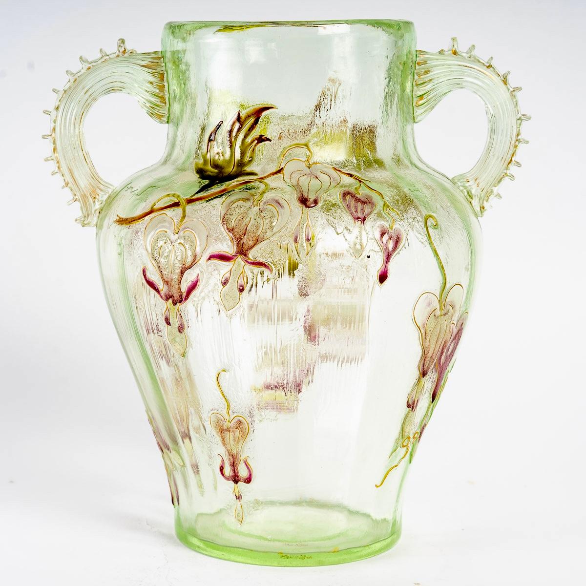 Molded 1890 Emile Gallé - Vase Cristallerie Handles Light Green Glass Enameled Flowers