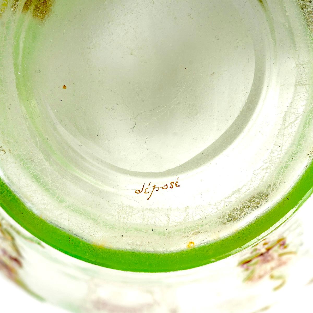 1890 Emile Gallé - Vase Cristallerie Handles Light Green Glass Enameled Flowers 1