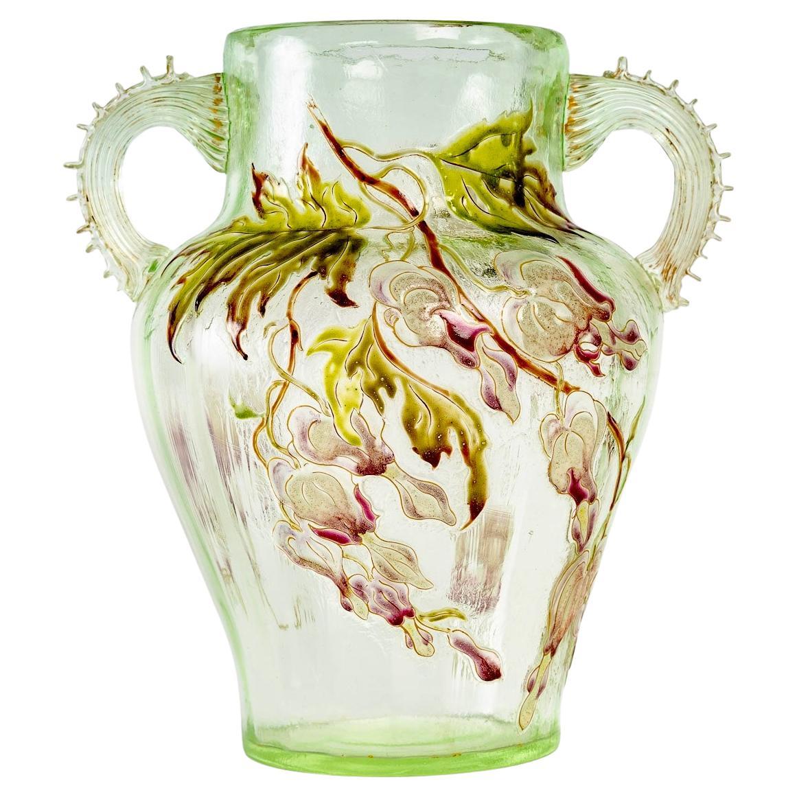 1890 Emile Gallé - Vase Cristallerie Handles Light Green Glass Enameled Flowers