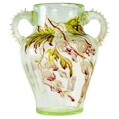 1890 Emile Gallé - Vase Cristallerie Handles Light Green Glass Enameled Flowers