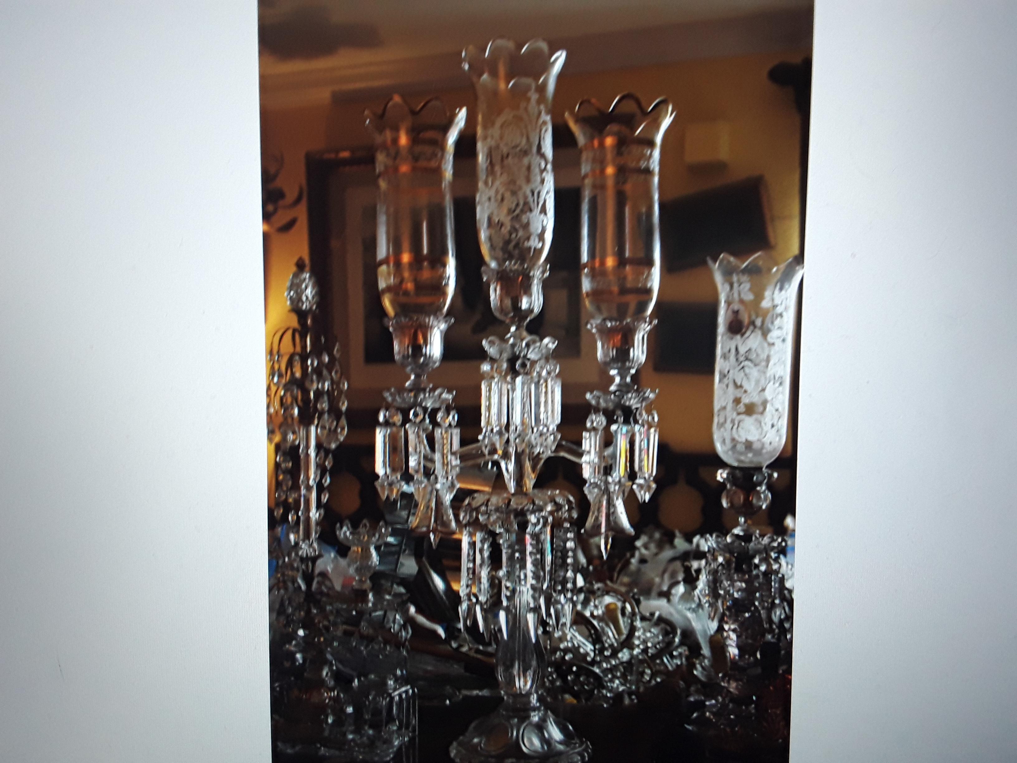 Grand Scale c1890's French Napoleon III Baccarat Crystal 3 Light Candelabra. Massive piece! Hand painted floral decor with 24K shades. Floral painted bells. Please look closely at pictures as they tell a story.